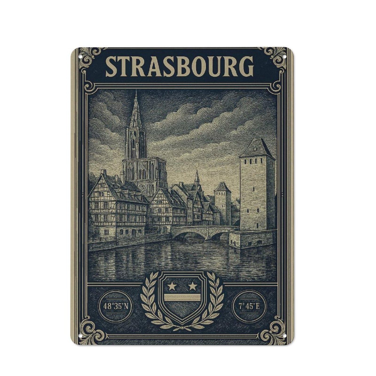 Understated Strasbourg Cityscape Vintage Travel Metal Wall Plaque 40x30cm, Creative Space Decor for Office, Study, Studio Or Hallway