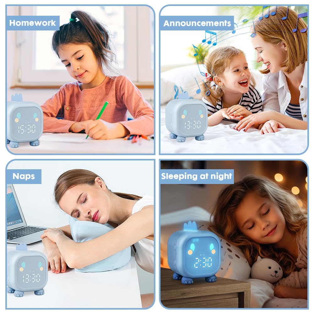 Reloj Despertador para niños, Despertador Digital con luz Nocturna, función de repetición y Temporizador, Control De Voz USB Reloj Despertador de Dinosaurio para niños y niñas (Azul)