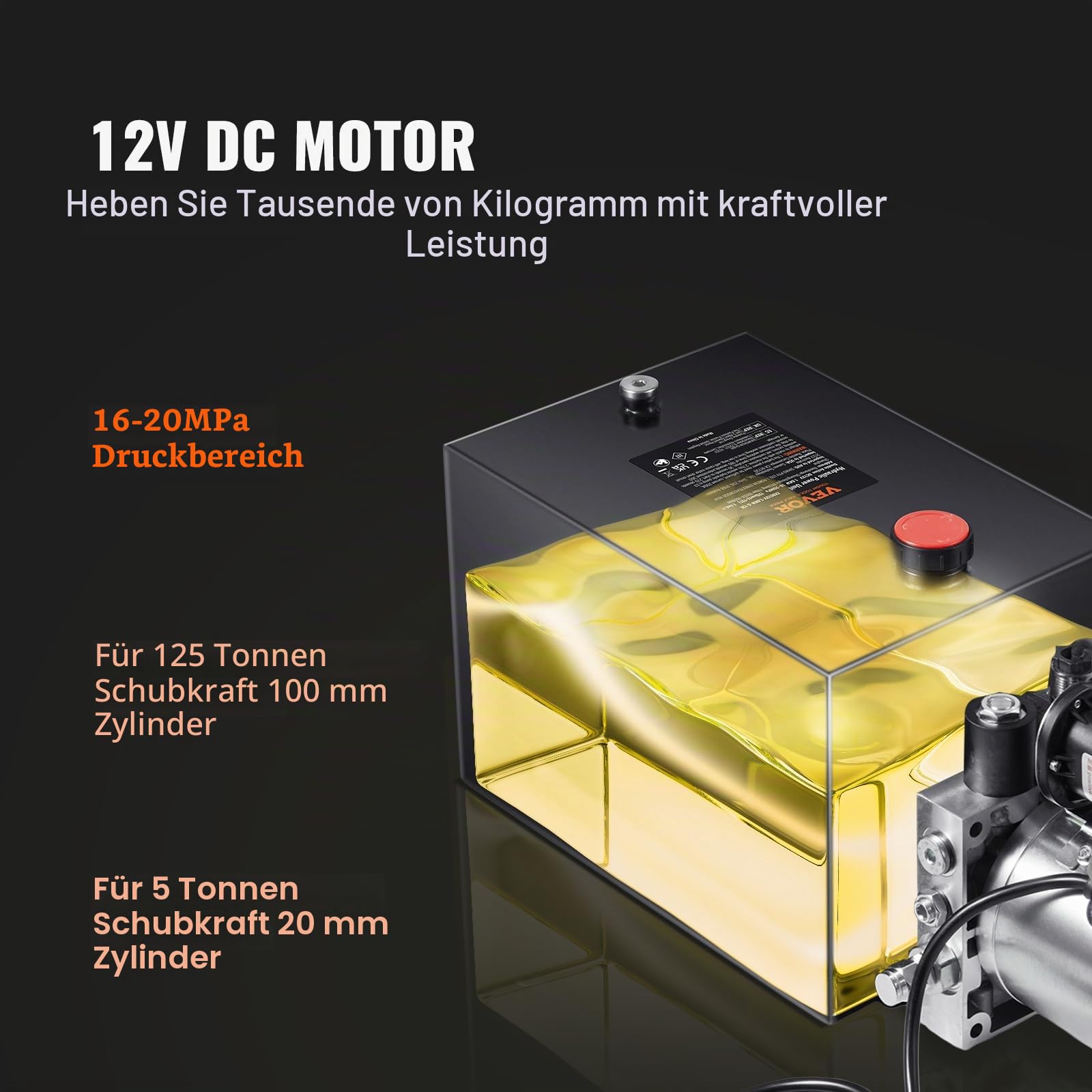 VEVOR Hydraulikpumpe 12V 3,8L 1600W Einfachwirkende Hydraulic Power Pack 1 Gal Tank