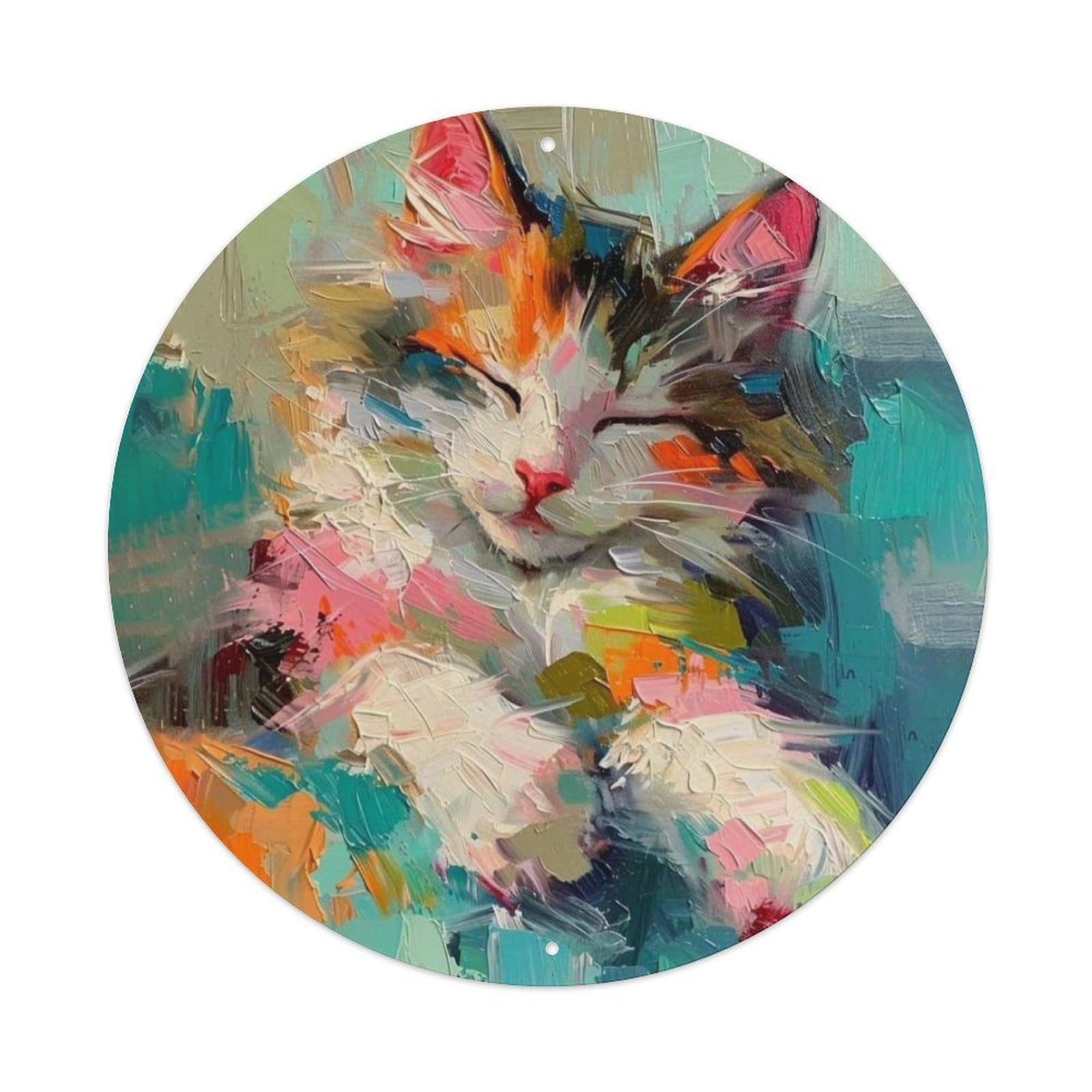 Animal Calico Cat Sleeping Cozy Vintage Metal Tin Sign Plaque Wall Decor for Cafe, Club Bar, Office, Garden Metal Poster 8x8Inch
