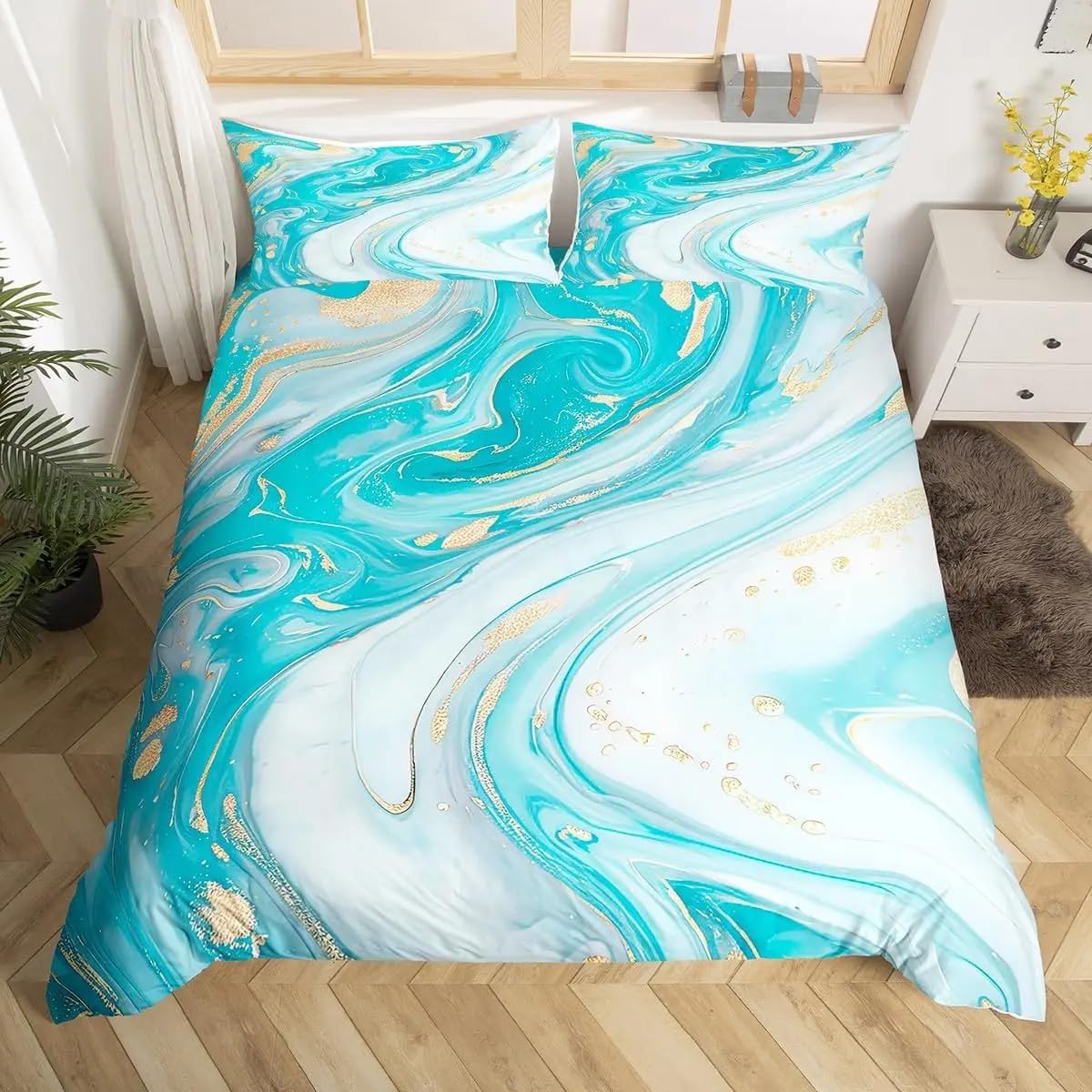Housse de couette 200x200 microfibre à motif bleu marbré et abstrait