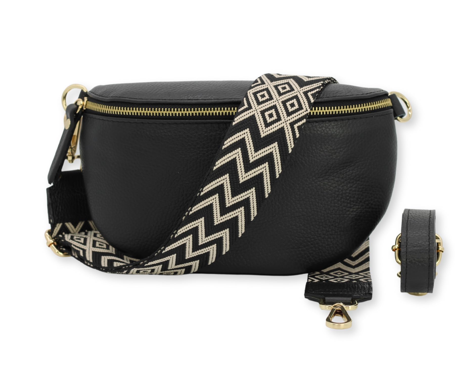 BRISE - Marsupio da donna SAHEL, realizzato a mano, in vera pelle, con cintura in pelle+cinghie larghe a fantasia, elegante marsupio, made in Italy, Nero , Gold Zipper-3, Contemporaneo