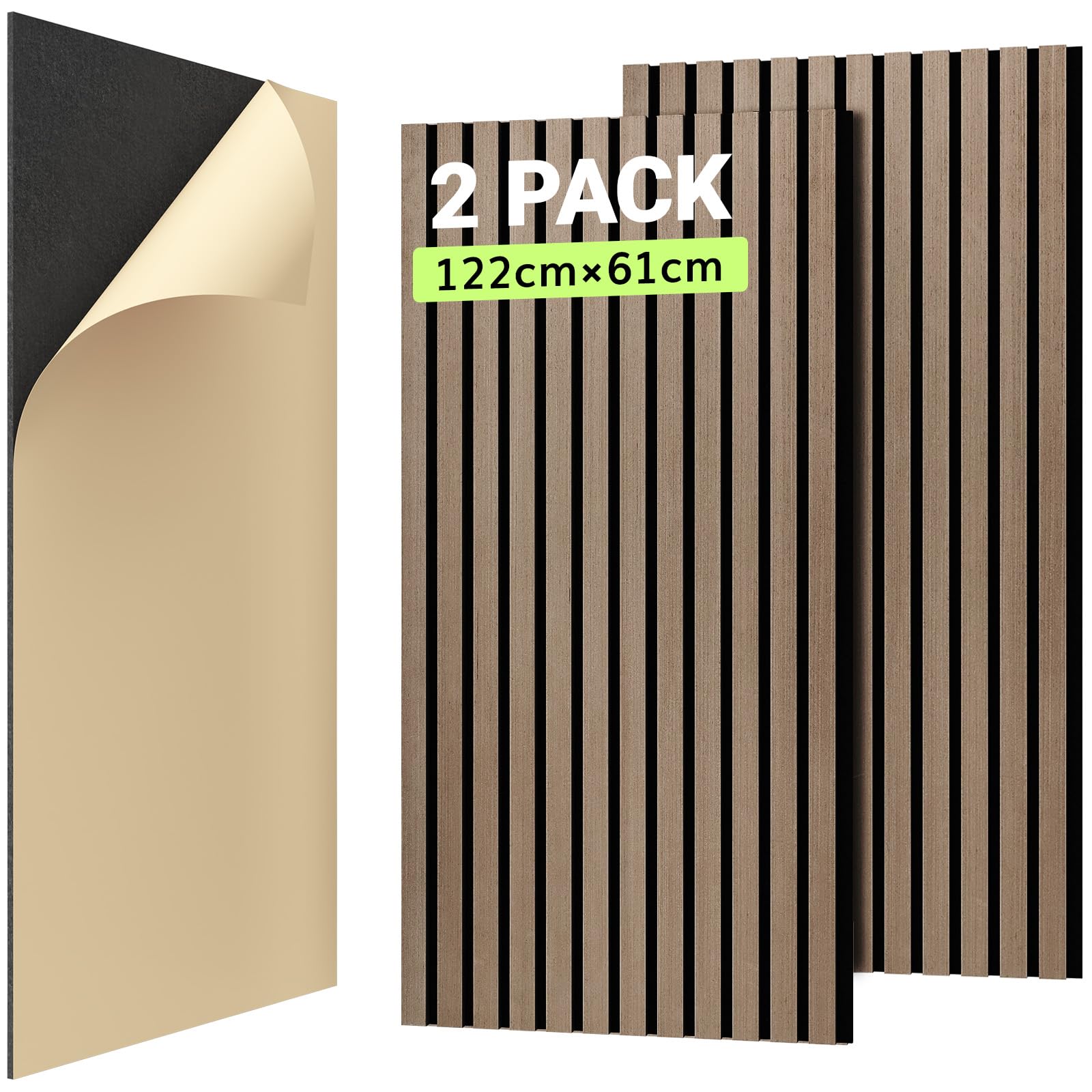 TONOR Akustikpaneele HOLZ Selbstklebend 1,488m²- 2 Stück je 122 x 61 x 2,1 cm, 3D Holzpaneele Wand Lamellenwand Schalldämmung, Interior Wall Decoration in Wood Look für Studio Büro, Braun