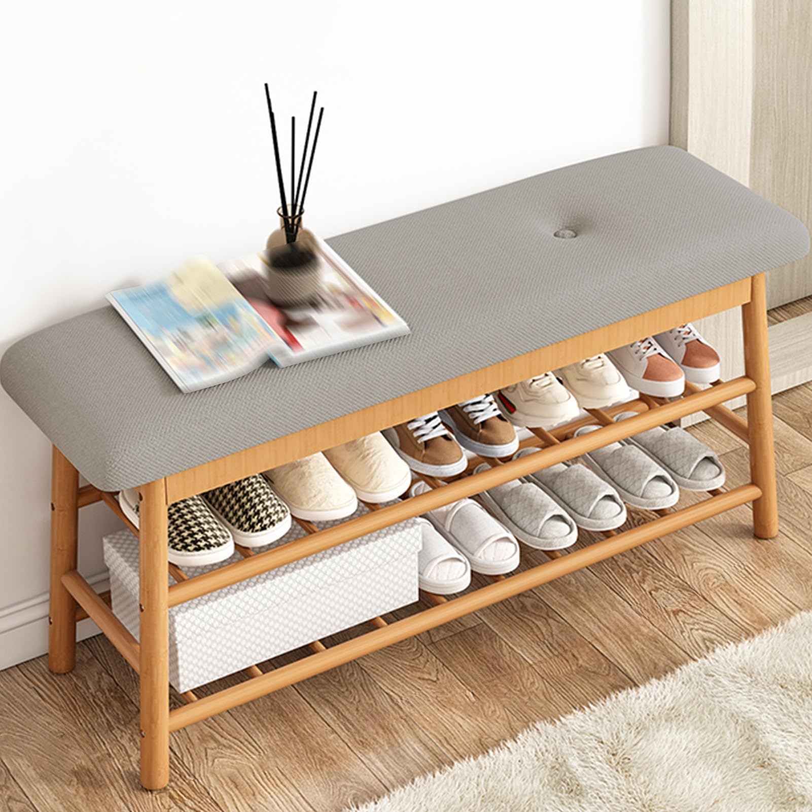 Banc de rangement à chaussures avec rangement en bois massif contre le désordre