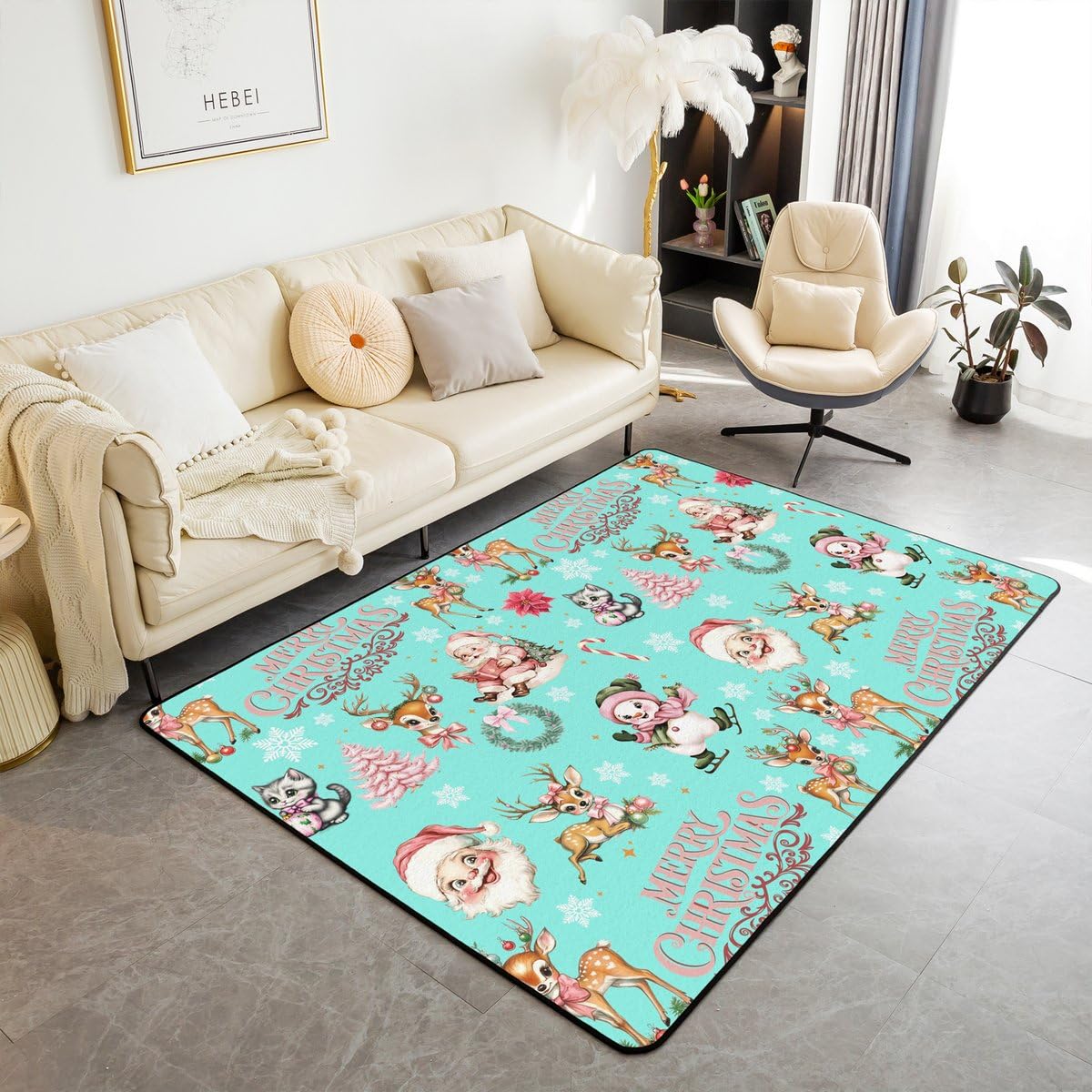 Homewish Turkusowy dywan pod choinkę 150 x 200 cm do sypialni – Święty Mikołaj, jeleń, bałwan, dywany do salonu, dla dzieci, dziewcząt, chłopców, zimowy, płatek śniegu, nie gubi włosia, urocze różowe