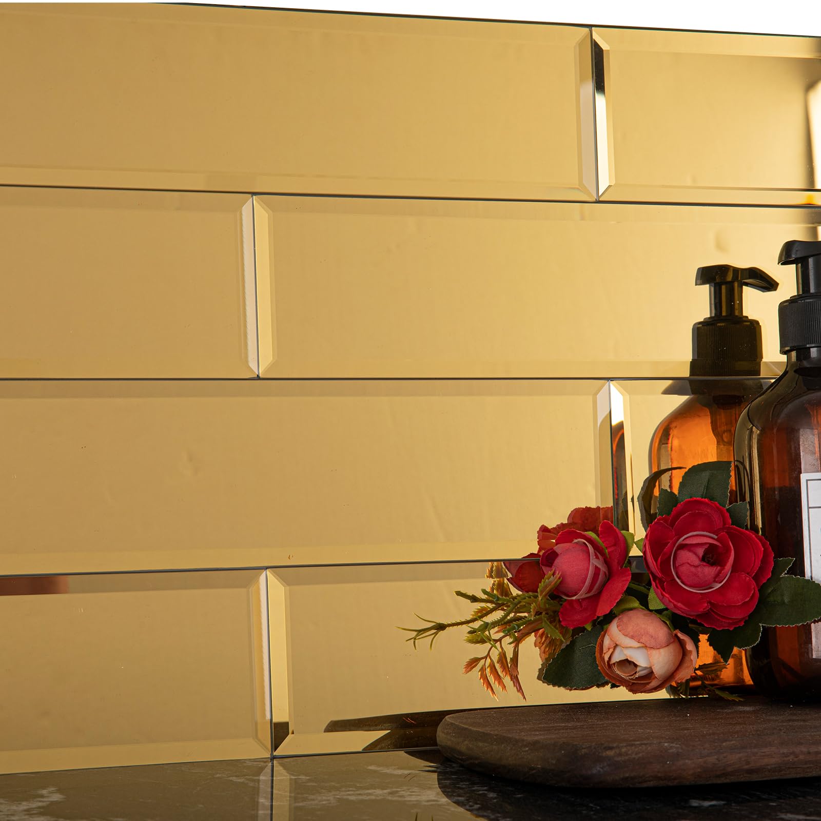 Photo 1 of ***DAMAGED - SEE NOTES/PICTURES*** Lovdeco Peel and Stick 3x12 Inch Beveled Gold Mirror Tile Subway Mirror Glass Backsplash for Kitchen Bathroom Wall (20 Pcs, 5 SQ.FT.)