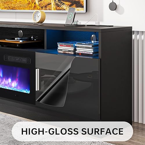 Miniatura 7 de oneinmil Soporte de TV con chimenea de 70 pulgadas con toma de corriente para televisores de hasta 80 pulgadas, centro de entretenimiento con Negro