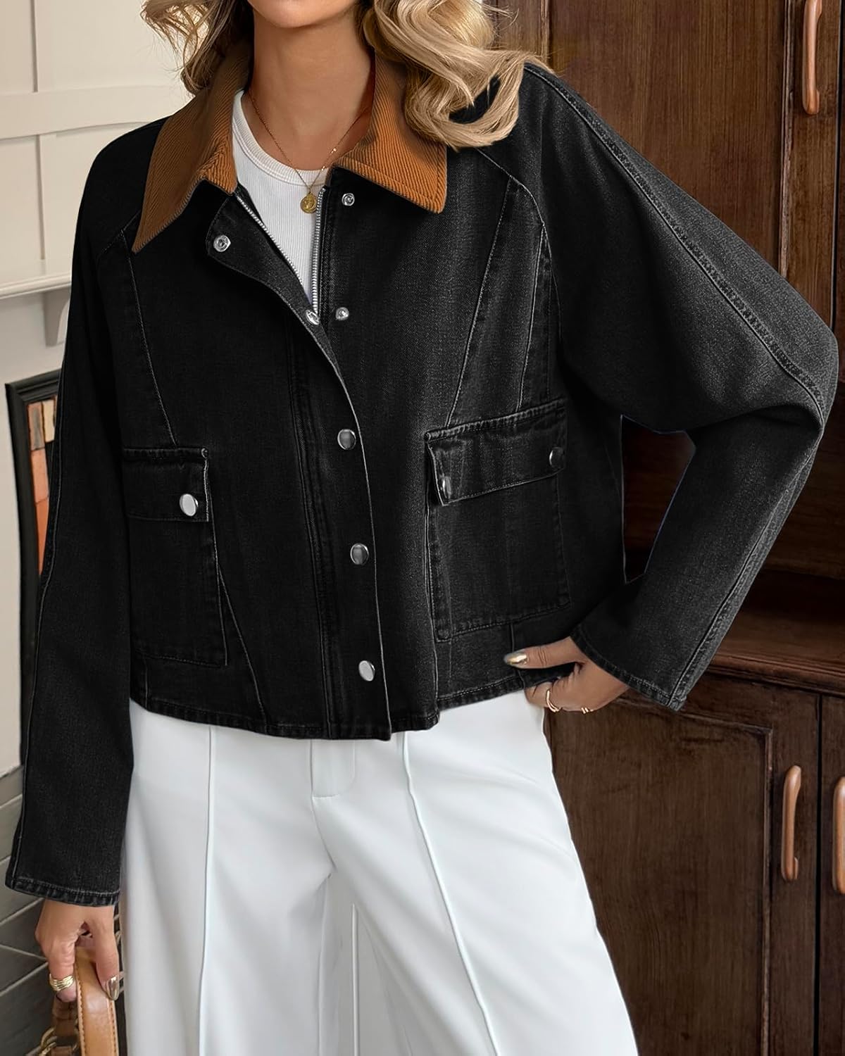 Cicy Bell Womens Cropped Denim Jacket Trendy Corduroy Collar Button Down Casual Barn Jacket for Women - Image 4