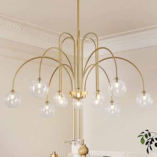 Miniatura 25 de Grandes lámparas de araña Sputnik 12 luces Lámpara moderna de oro para techo alto L52” Lámpara de techo colgante de mediados de siglo con cúpulas de