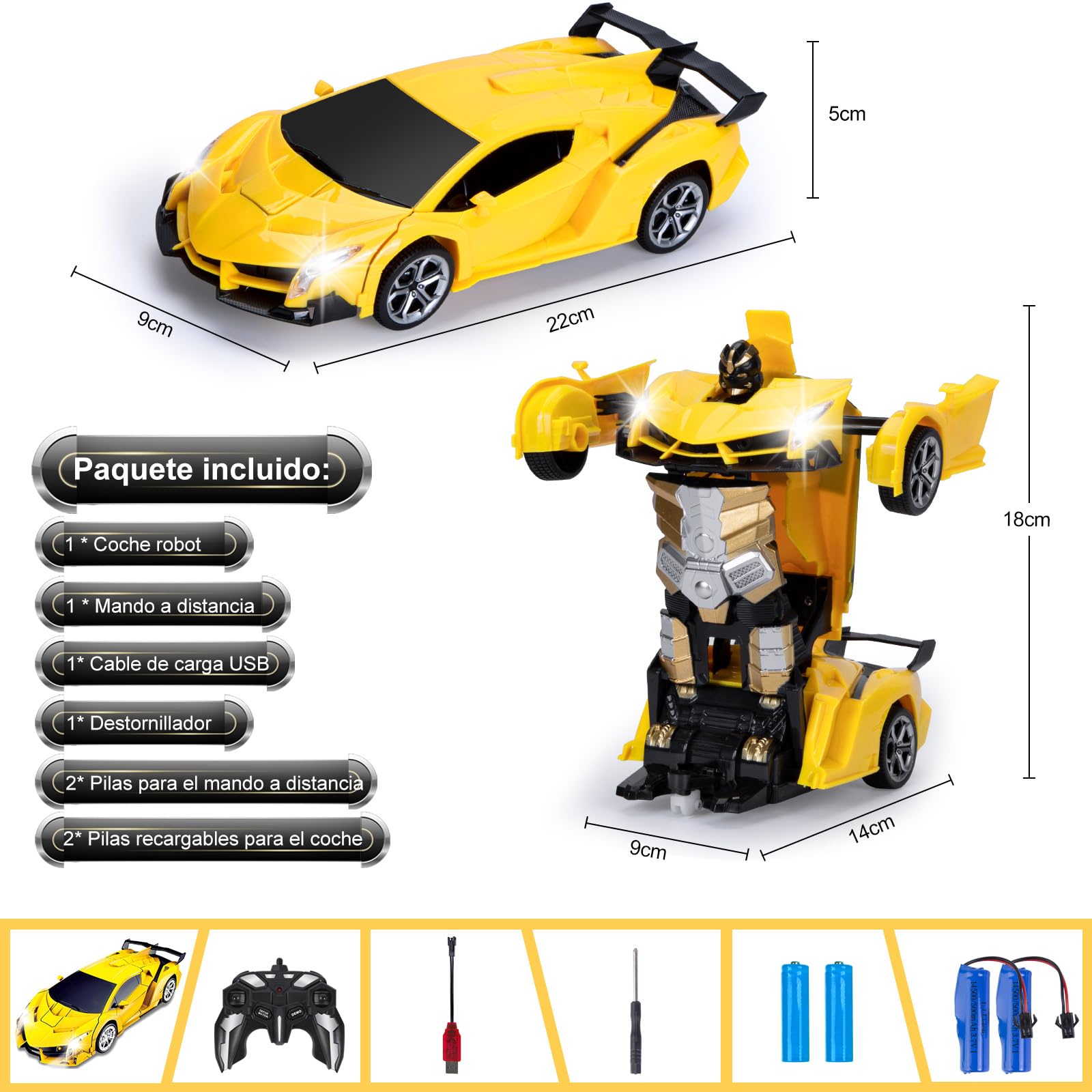 Yellcetoy Transform Juguete Coche Teledirigido, Coche Robot con el Gesto de la Mano Sening Luz Intermitente Música y Efecto de Sonido, Transformador RC Car con Baterías para Niños 3-10 Años Amarillo