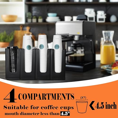 Miniatura 3 de Paquete de 2 vasos de papel y soporte para tapa, organizador de tazas de café desechable, dispensador de tazas desechable de 4 compartimentos,