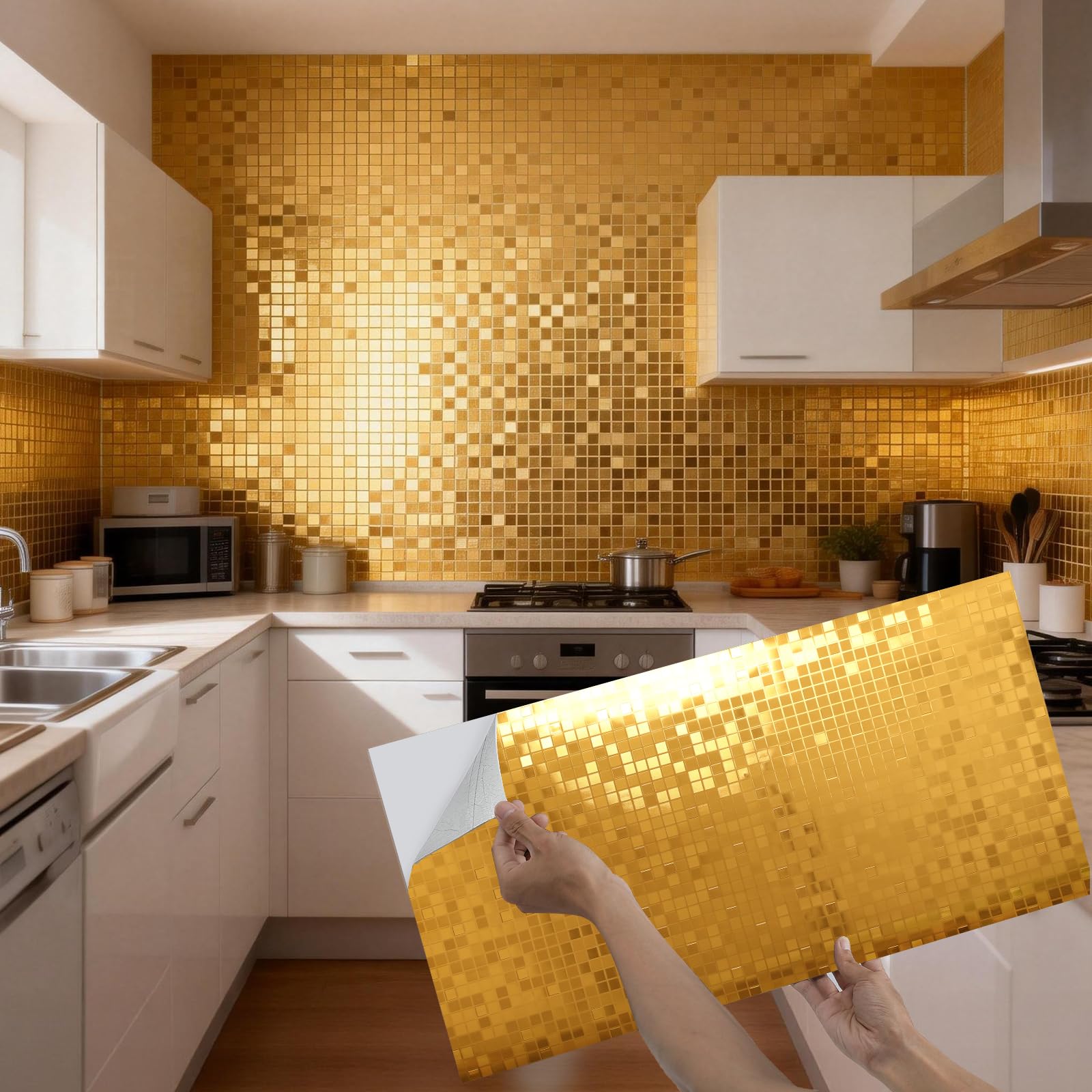 Takezuaa 10pcs Mosaic Style Decorative Tile Stickers, 30x60cm Self Adhesive Wall Tiles,Waterproof Peel and Stick on Wall Tiles for Kitchen Bathroom Transformation - Gold — image 1
