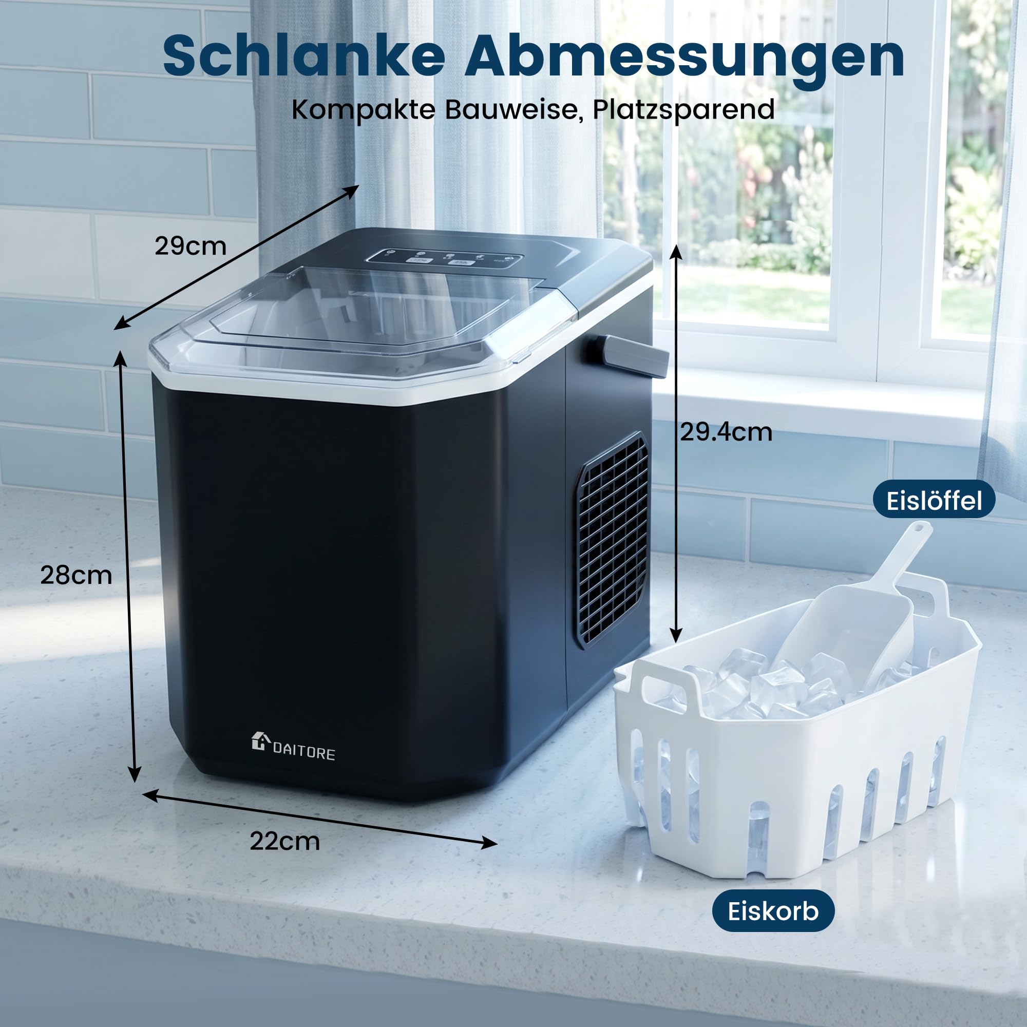 Eiswürfelmaschine Klein, Eiswürfelbereiter mit Tragbarem Griff, 2 Eiswürfel Größen, 9 Würfel in 6 Minuten Fertig, Selbstreinigende Eiswürfelmaschinen Ice Maker für Zuhause