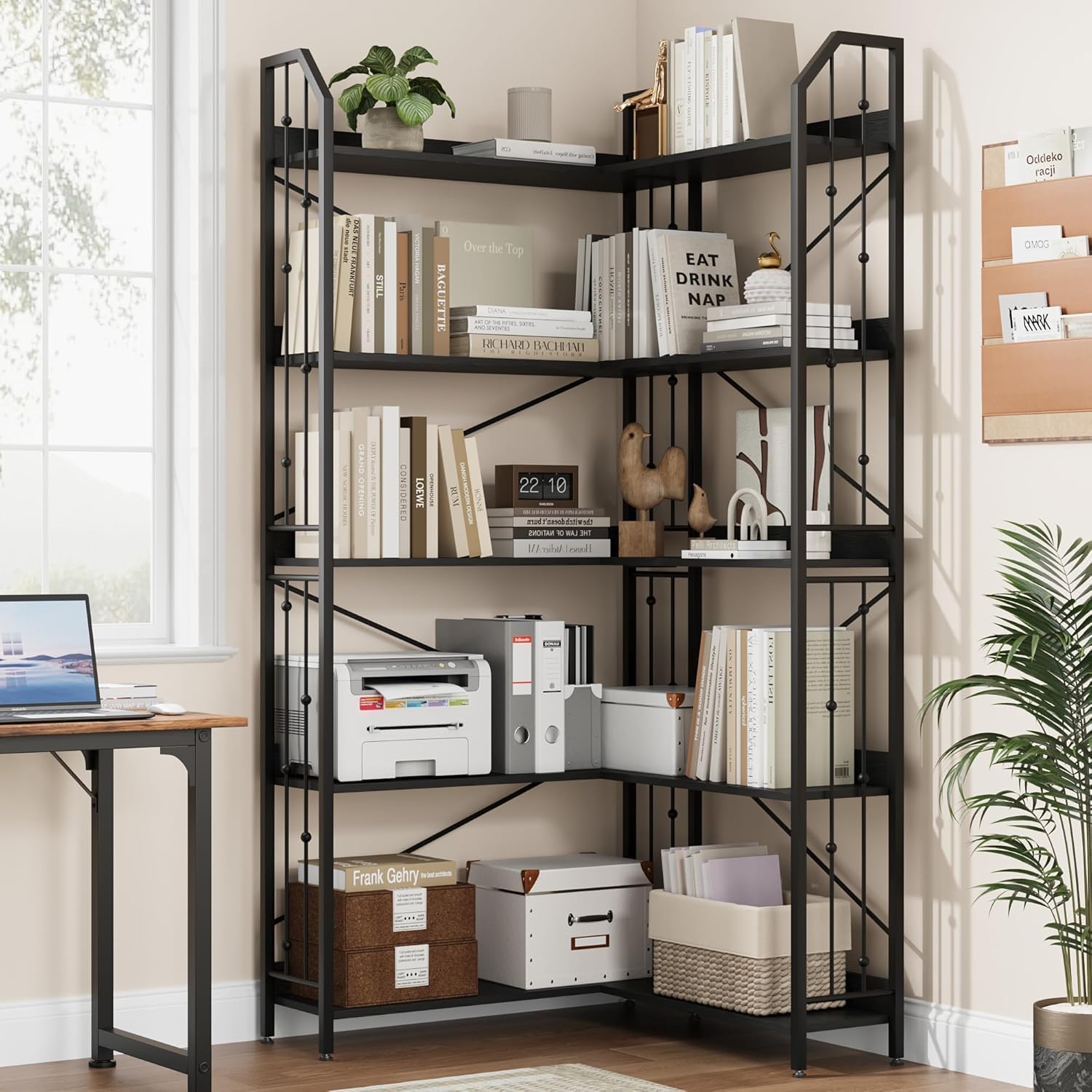 5 Tier Corner Bookshelf, 72"H L Shaped Bookcase Adjustable with Wood Board, Industrial Storage Shelves with Beaded Design, Tall Display Book Shelf Rack for Study Living Rooms Bedroom Office ﻿
