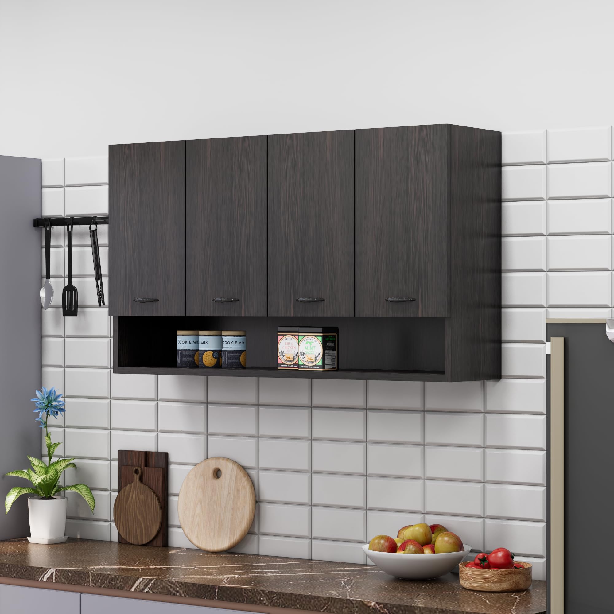 Bniture Engineered Wood Wall-Mount Kitchen Cabinet | Modular Kitchen Storage Cabinet with Shelves & 4 Doors | Space-Saving Wall Cabinet for Kitchen (Flower Wenge)