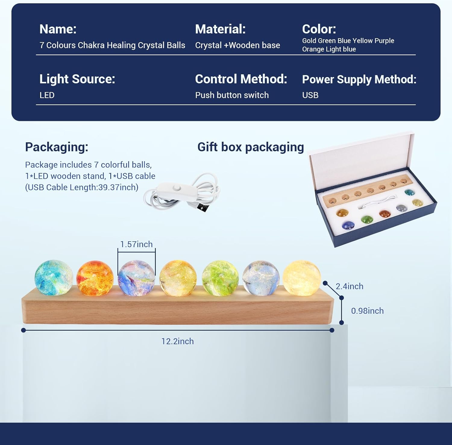 LOSCHEN 7 Chakra Natural Healing Spheres with LED Wooden Stand 40mm Crystal Quartz Stones for Meditation Energy Balancing Decor, Yoga Zen Home Office Desk Ornament