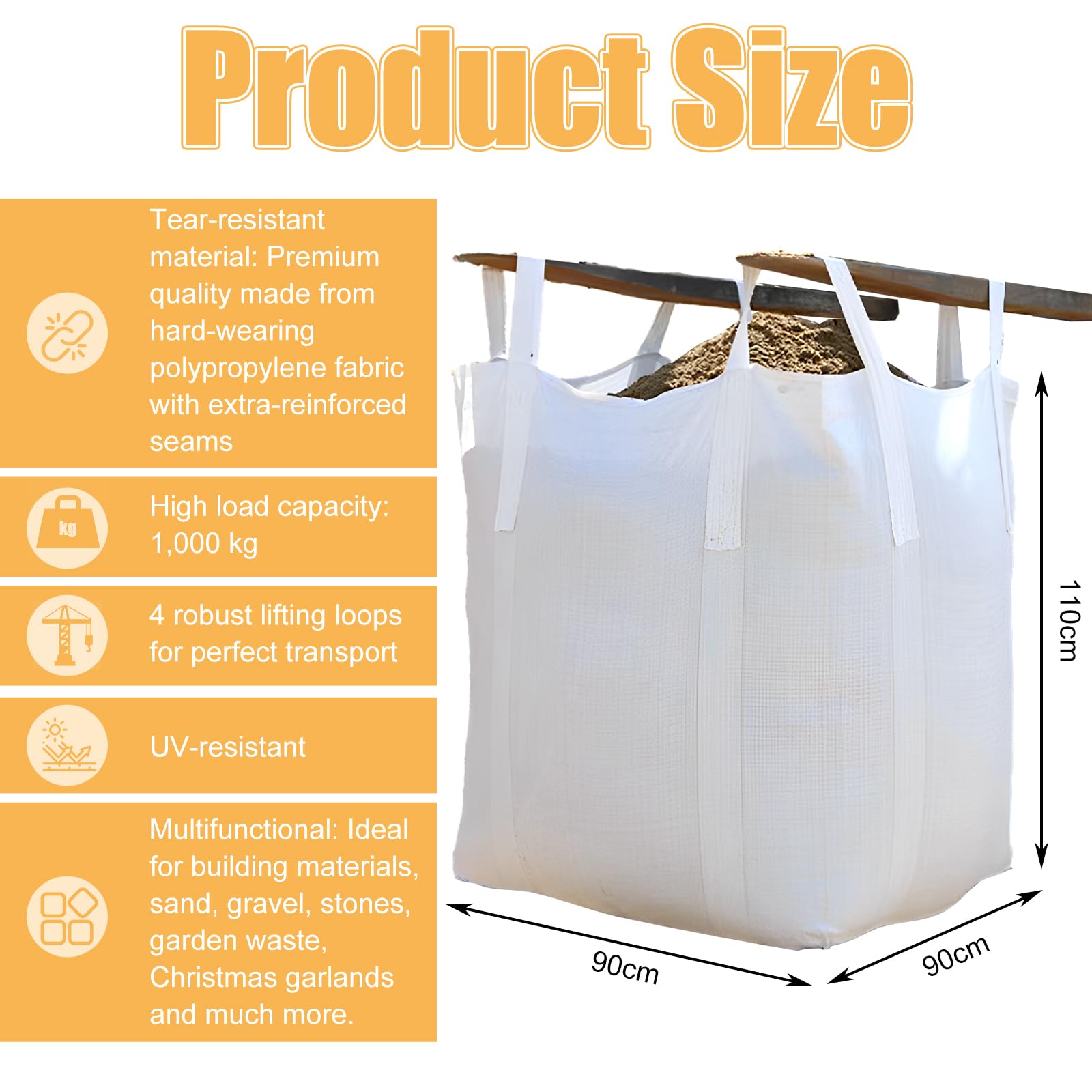 DAJAVE 2 Stück Big Bag 90x90x110 cm Big Pack Säcke für Bauschutt, Holz, Gartenabfall, Sand - Bauschuttsäcke, 1.500kg mit 4 Hebeschlaufen für Transport