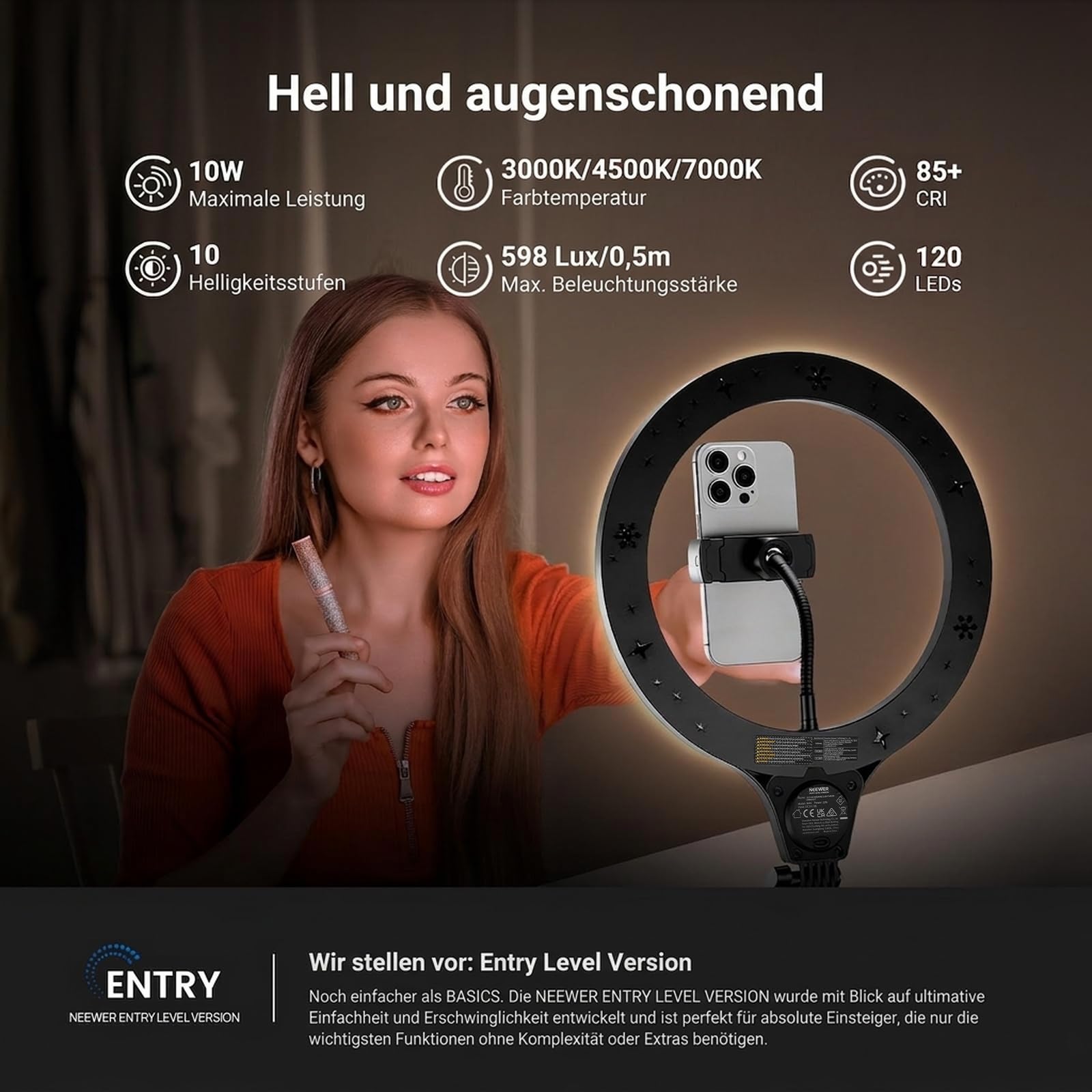 NEEWER Entry Level Version 10,5" 10W Ringlicht mit 46“-63" Stativ, Handyhalterung für Deckenmontage, kompatibel mit iPhone, zweifarbige LED Selfie Beleuchtung mit CRI 85+ für TikTok Videoaufnahmen N44