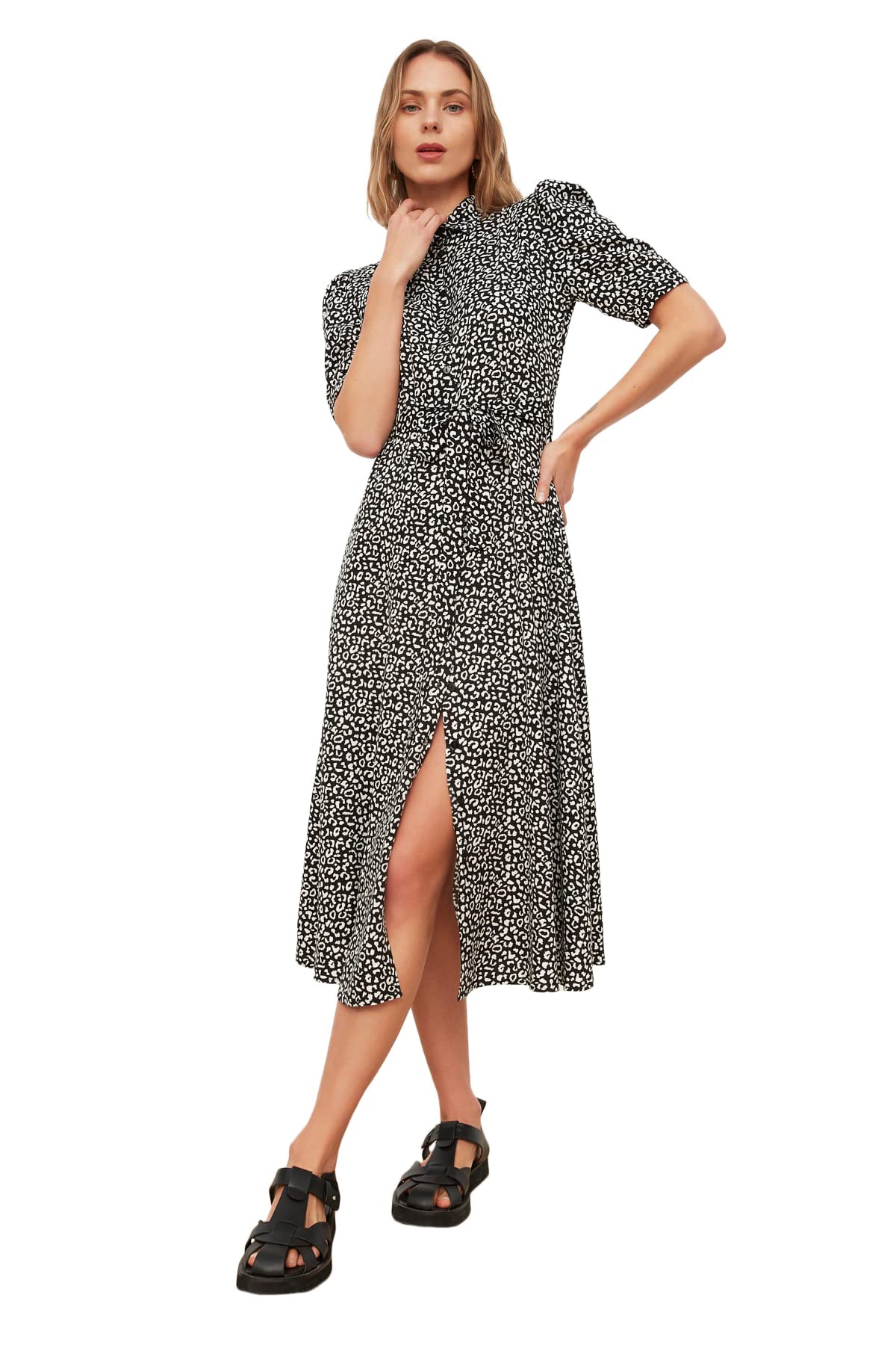 Trendyol Camisero Midi para Mujer, Vestido Tejido de Ajuste Regular