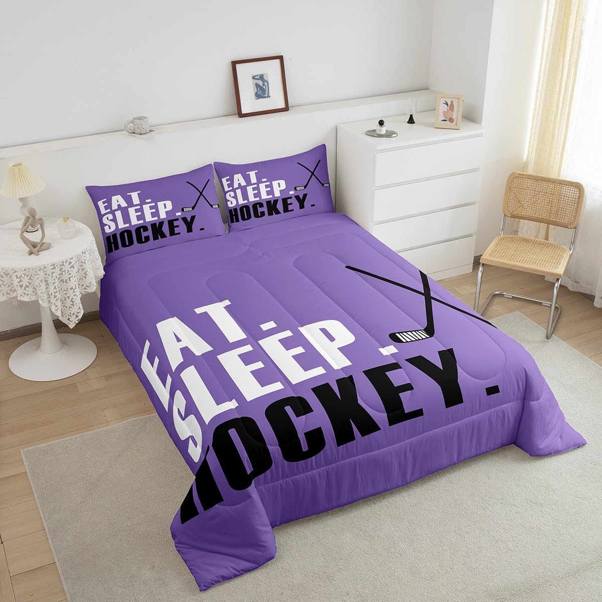 Loussiesd Hokej na lodzie zestaw pościeli fioletowy lód sporty gry zestaw kołdra rozmiar king size dla dzieci chłopców dziewcząt nastolatków hokeista krążek hokej super miękka mikrofibra z 2