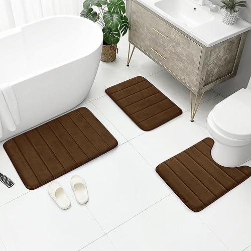 Miniatura 2 de BYSURE Juego de 3 tapetes de baño de espuma viscoelástica color marrón, antideslizantes, extra suaves, absorbentes, lavables a máquina y secos para
