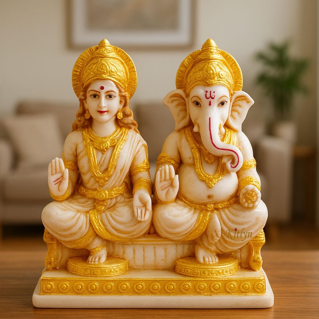 Kitlyn Marble Look Laxmi Ganesh murti Statue for Pooja Room (Multicolour, 12cm)
