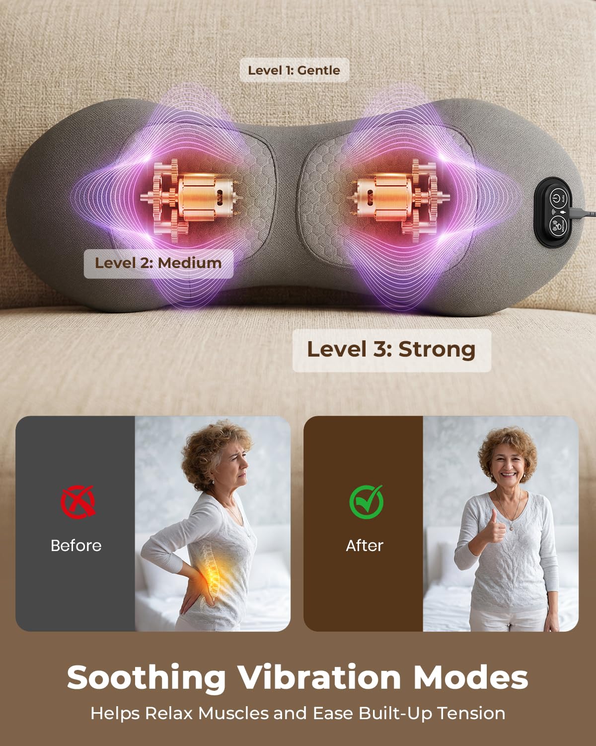 3-in-1 Lendenwirbelstützkissen mit Fernbedienung, Triple Fusion Rückenmassagegerät mit Wärme, Vibration & Dehnung für den unteren Rücken, Tragbares elektrisches Lendenkissen für Zuhause, Büro, Reisen
