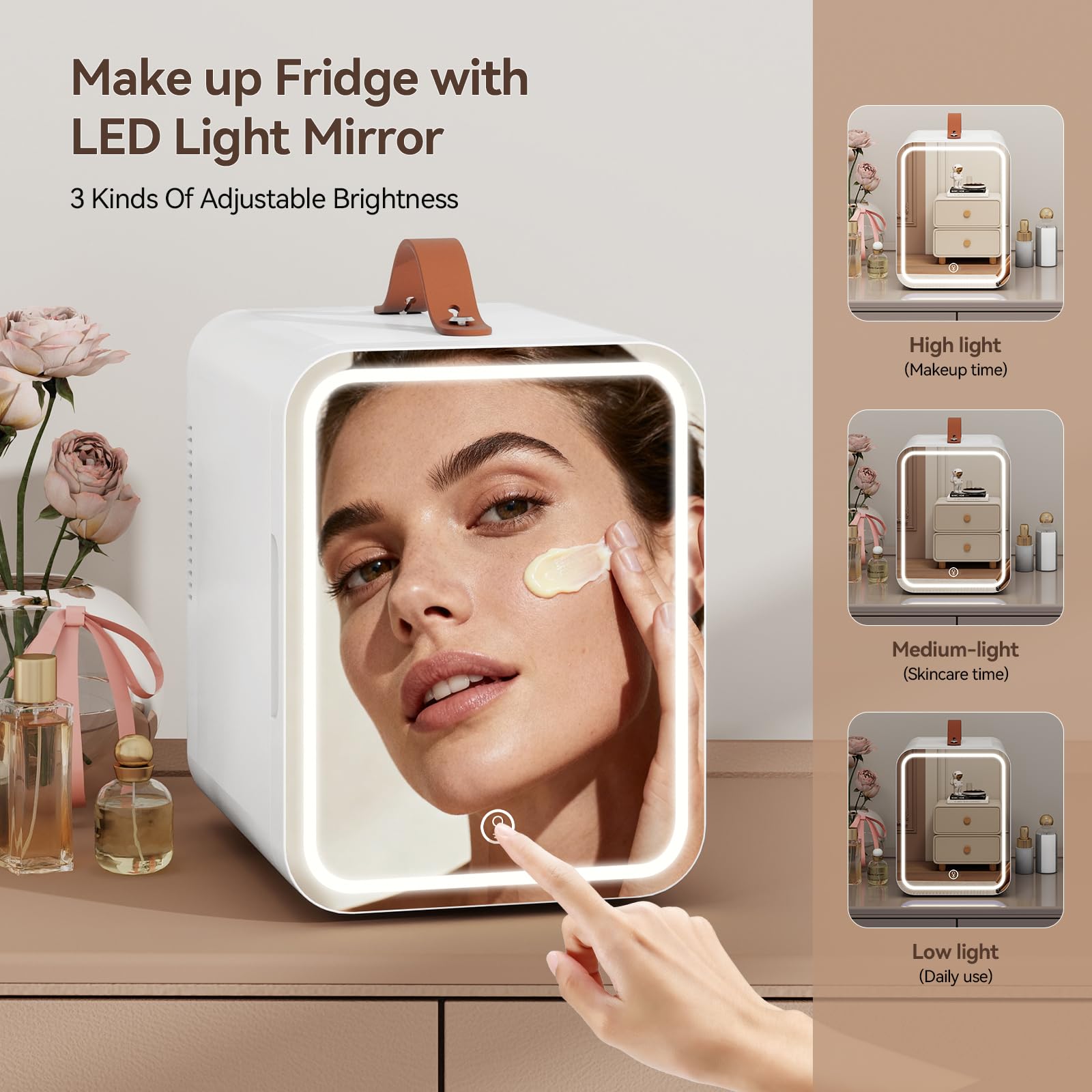 eklipt - 4 Liter Mini Fridge with Dimmable LED Mirror, AC/DC Beauty Fridge with Removable Shelf and Handle, for Makeup and Food, Skincare Fridge for Bedroom, Office, White[Energy Class F] — view 2