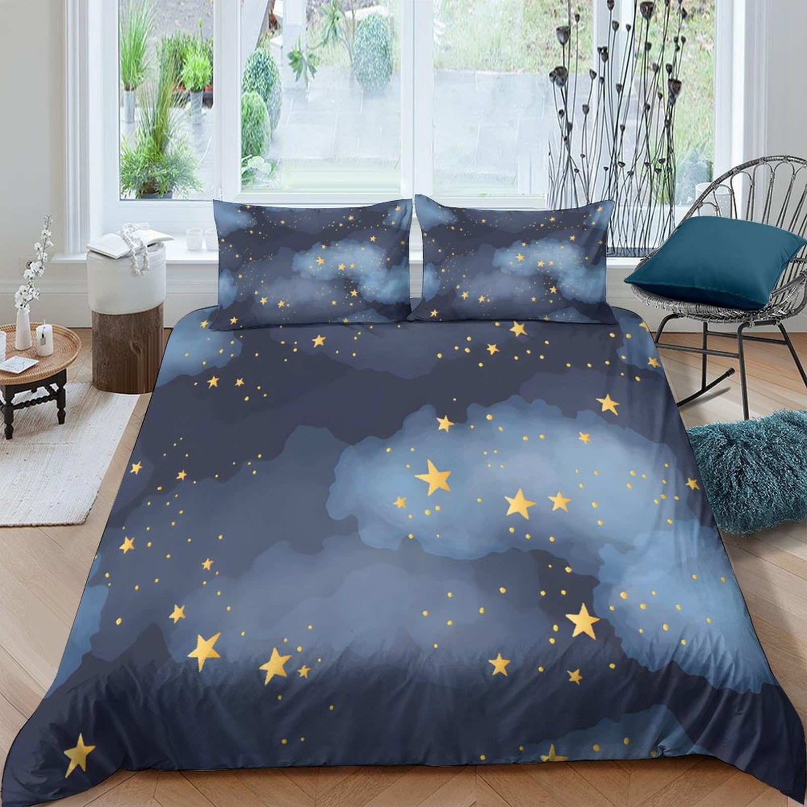 Ctjqhvkz Style-2 3D Printed Night Sky Fitted Sheet Microfiber Soft Breathable Starry Cloud Mattress Cover Dark Blue Bedroom Décor Single（135X200cm）
