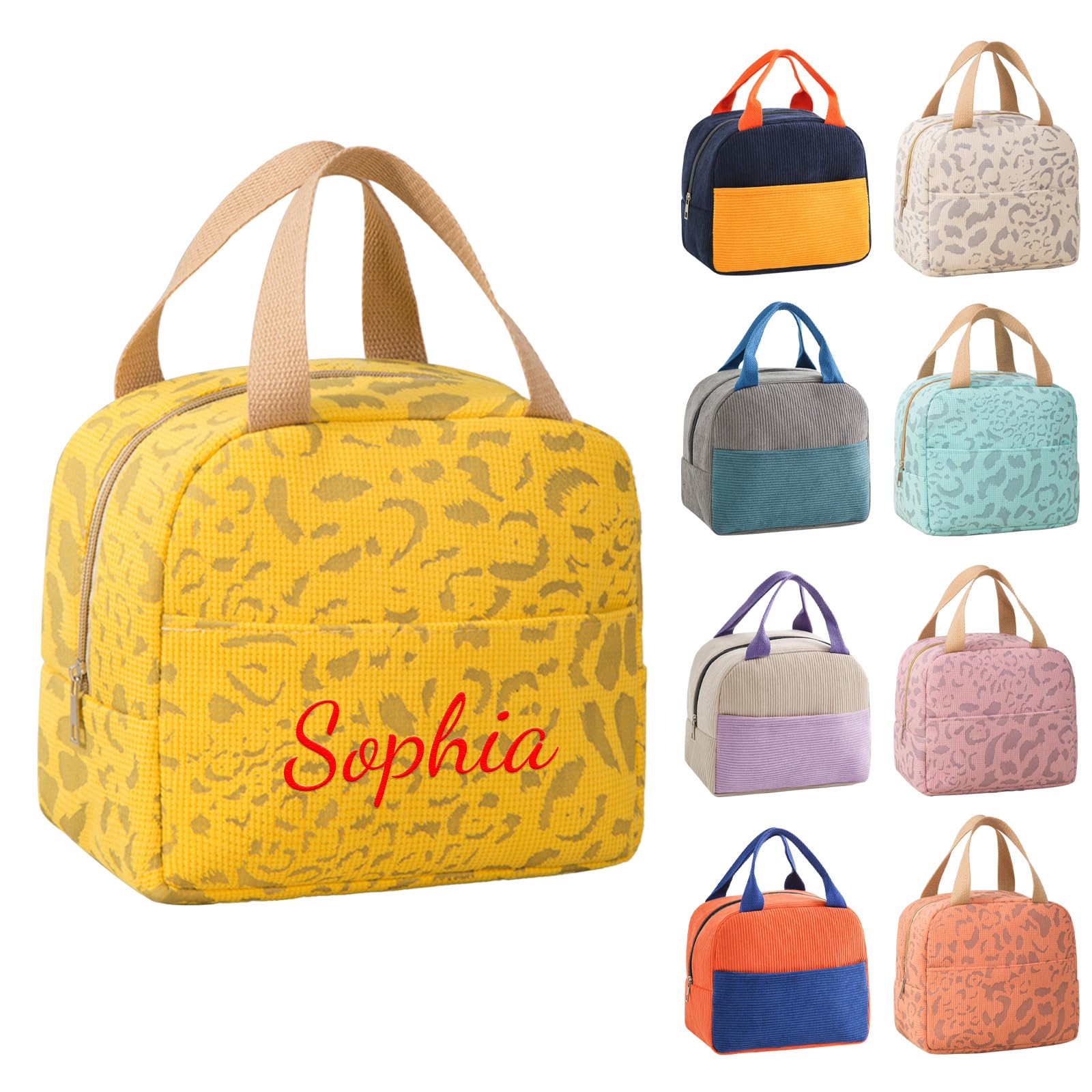 Personalised Embroidered Lunch Bag for Women Kids Adults, Custom Name Insulated Waterproof Lunch Tote Bag, Reusable Lightweight Lunch Box for School Work Office Picnic Travel (Yellow Water Ripple)