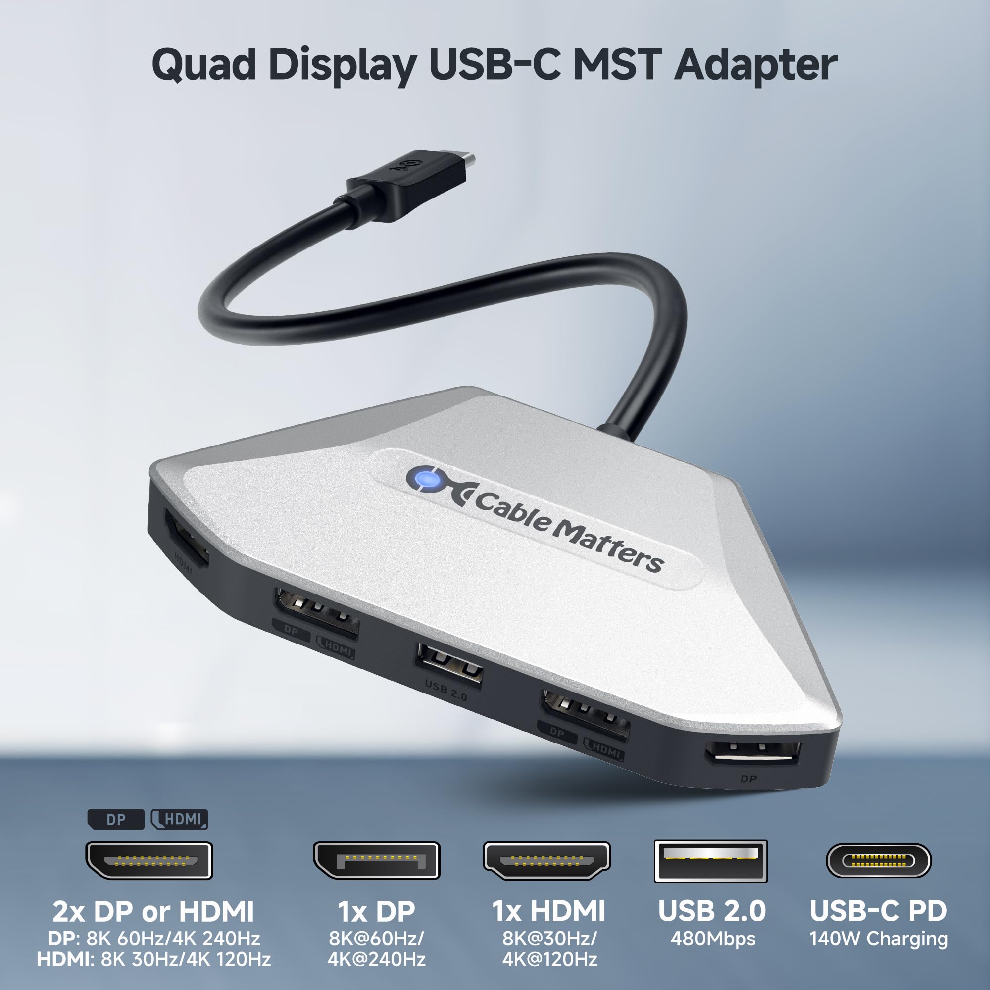 Cable Matters Adapter USB-C MST do 4 monitorów, HDMI/DisplayPort | Tylko Windows, 4x 4K@60Hz, ładowanie 140 W, 2x DisplayPort 2.1 i 2x HDMI 2.1, zgodny z Thunderbolt 5/4