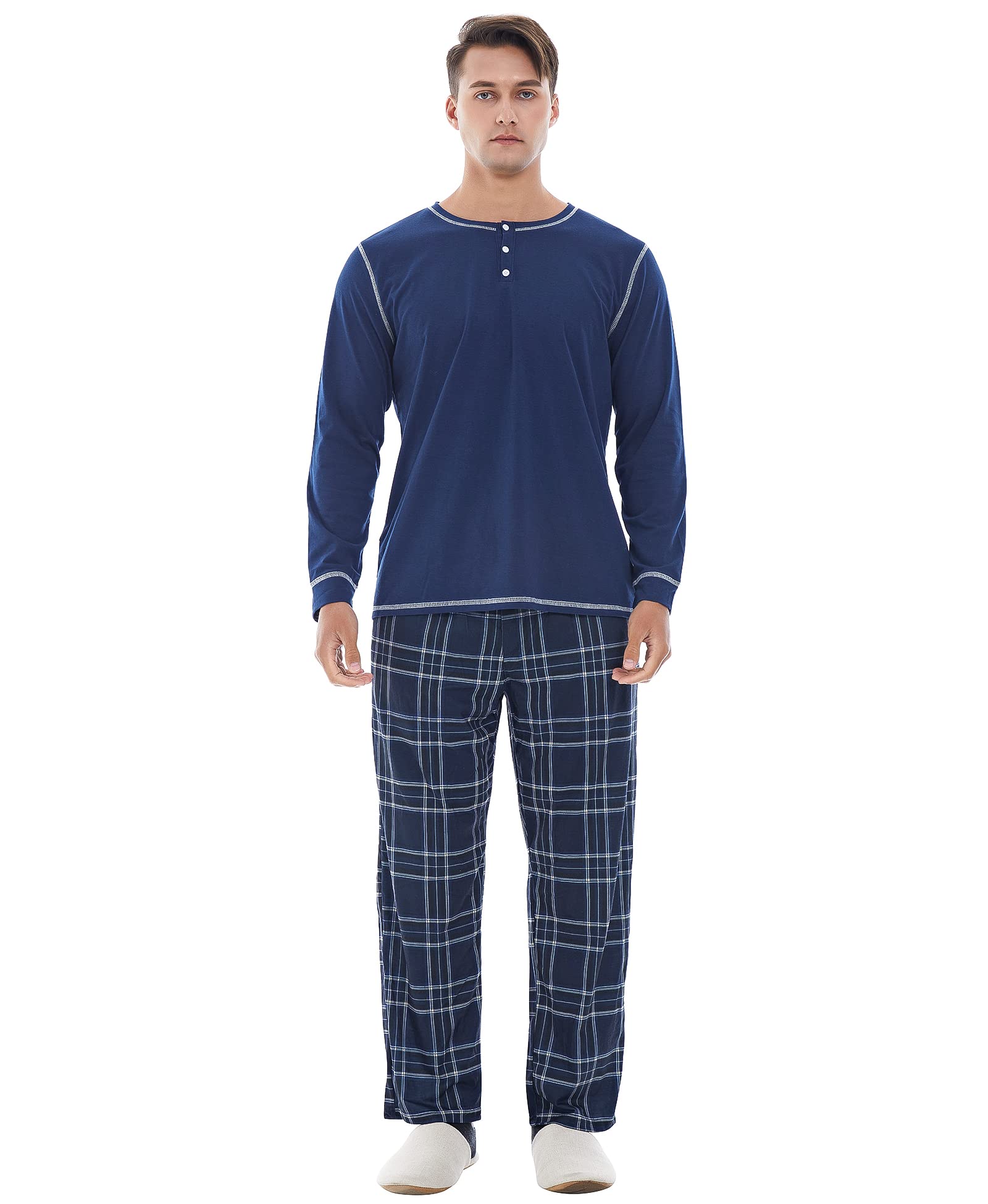 Mens Pajama Set-Soft Cotton Long Sleeve 2-Piece Pjs Comfy Sleepwear Loungewear with Pockets