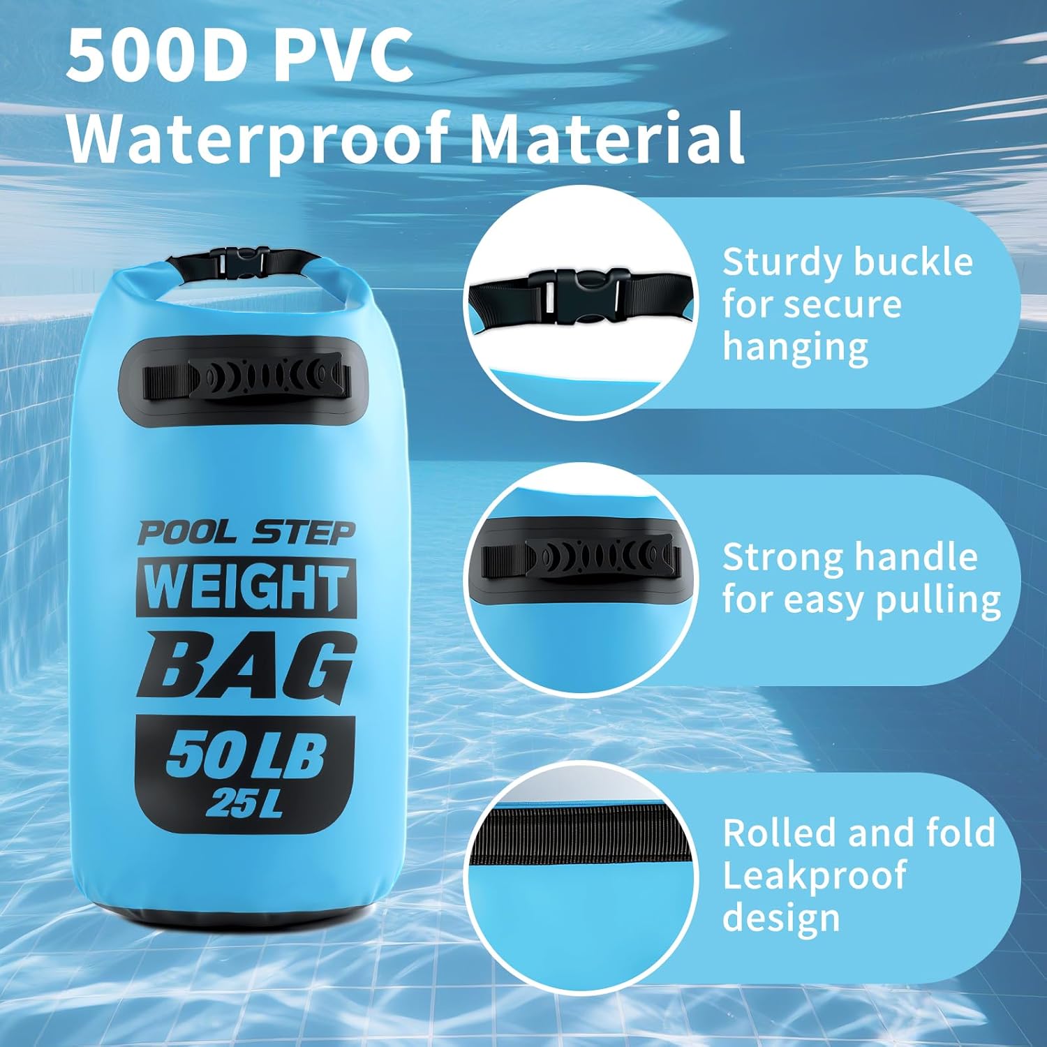 2 Pack Heavy Duty Pool Ladder Weights, 50lb Pool Step Weights, 500D PVC Waterproof Foldable Universal Sand Bags Step Anchors with Handles for Above Ground Swimming Pools Stairs, Blue - Image 4