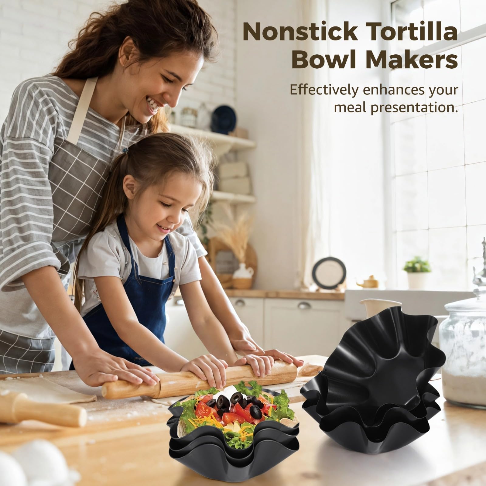 Tortilla-Bowl-Maker 6er-Set, Taco-Bowl-Schalenformer, mit 3 achteckigen und 3 sechseckigen Kuchenformen, aus Aluminiumlegierung, beschichtet, leicht zu reinigen, stapelbar