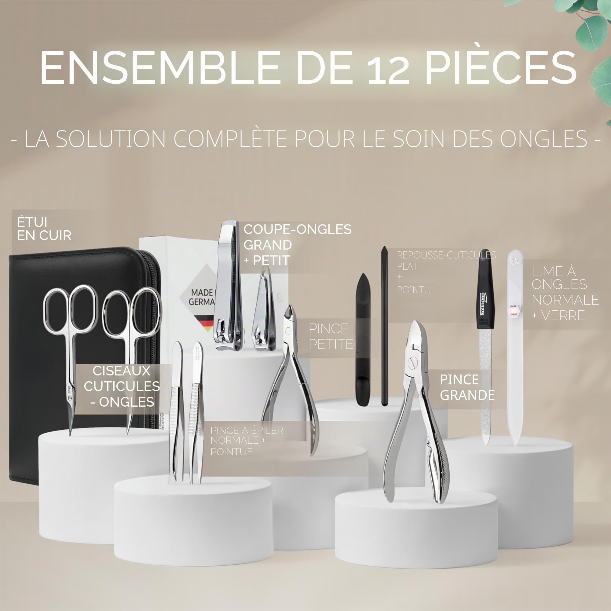 marQus Kit Manucure set 12 Pièces en Acier Solingen Allemagne – Coupe-Ongles, Lime à Ongles, Pince à Épiler, Étui en Cuir – Coffret Cadeau Femme & Homme, noir