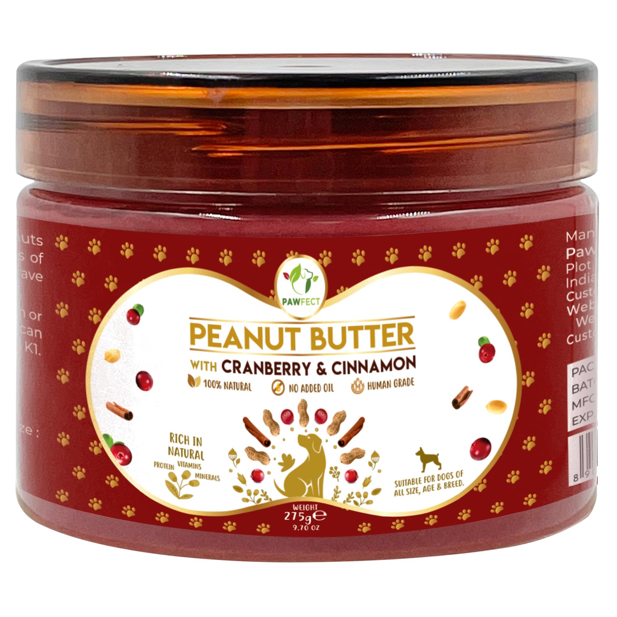 Pawfect Peanut Butter with Cranberry & Cinnamon for Dogs & Puppies - 100% Natural Lickable Treat - No Added Sugar, Salt, Palm Oil - No Sweeteners, No Xylitol - Healthy Dog Treat (275g/9.70oz)