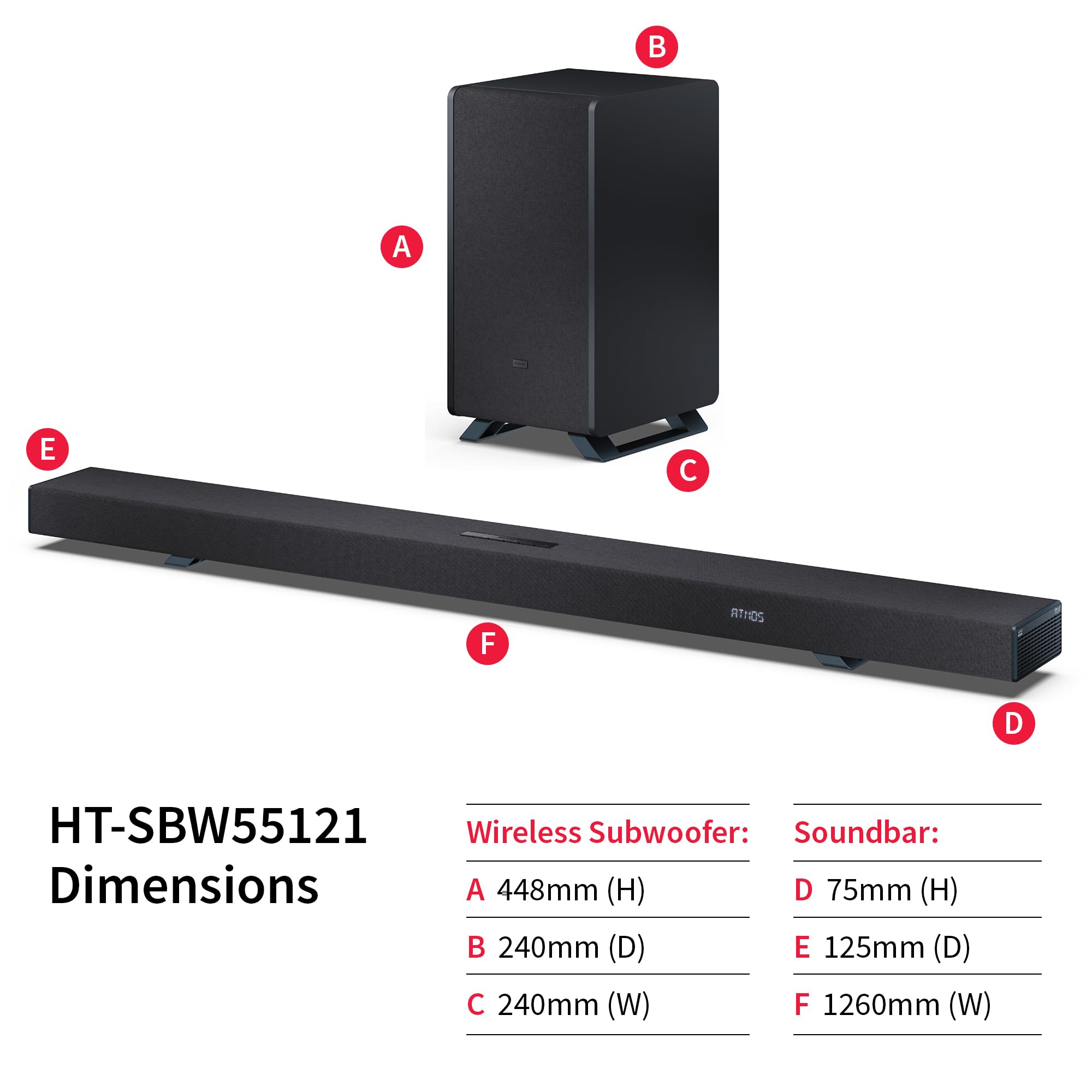 SHARP HT-SBW55121(BK) Barre de Son 5.1.2 canaux avec Caisson de Basses sans Fil - Audio Home cinéma 650 W, Dolby Atmos, DTS:X, Bluetooth 5.3, HDMI eARC, Passthrough 4K - Noir