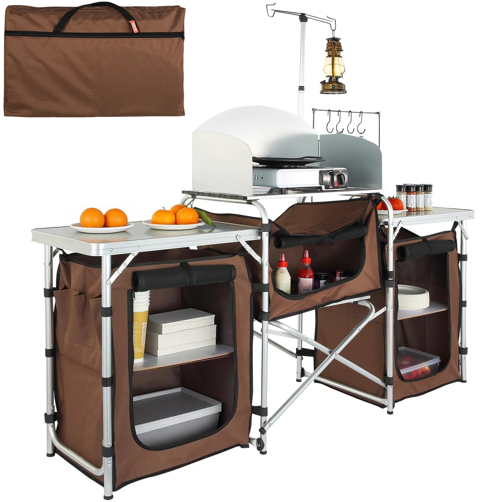 VEVOR Camping Kitchen Table, Folding Outdoor Cooking Table with Storage Carrying Bag, Aluminum Cook Station 3 Cupboard & Detachable Windscreen, Quick Set-up for Picnics, BBQ, RV Traveling, Brown