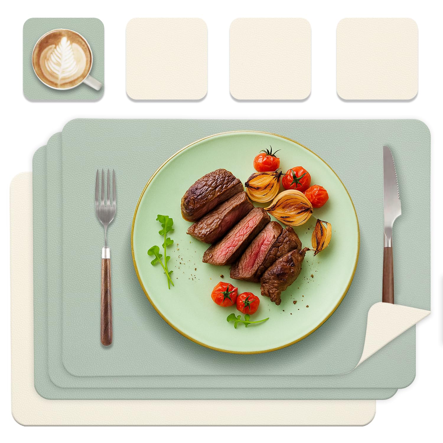 HELI MIAO Tischsets Abwaschbar 4er Set - Doppelseitige Platzsets & Untersetzer aus Lederoptik, rutschfeste & wasserdichte Tischunterlage für Esstisch und Familie - Rechteckig in Salbeigrün+Cremebeige