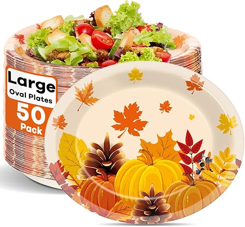 50 platos ovalados de papel para fiesta de otoño, grandes de 11 pulgadas, platos temáticos de hojas de otoño, bandeja de platos resistente con