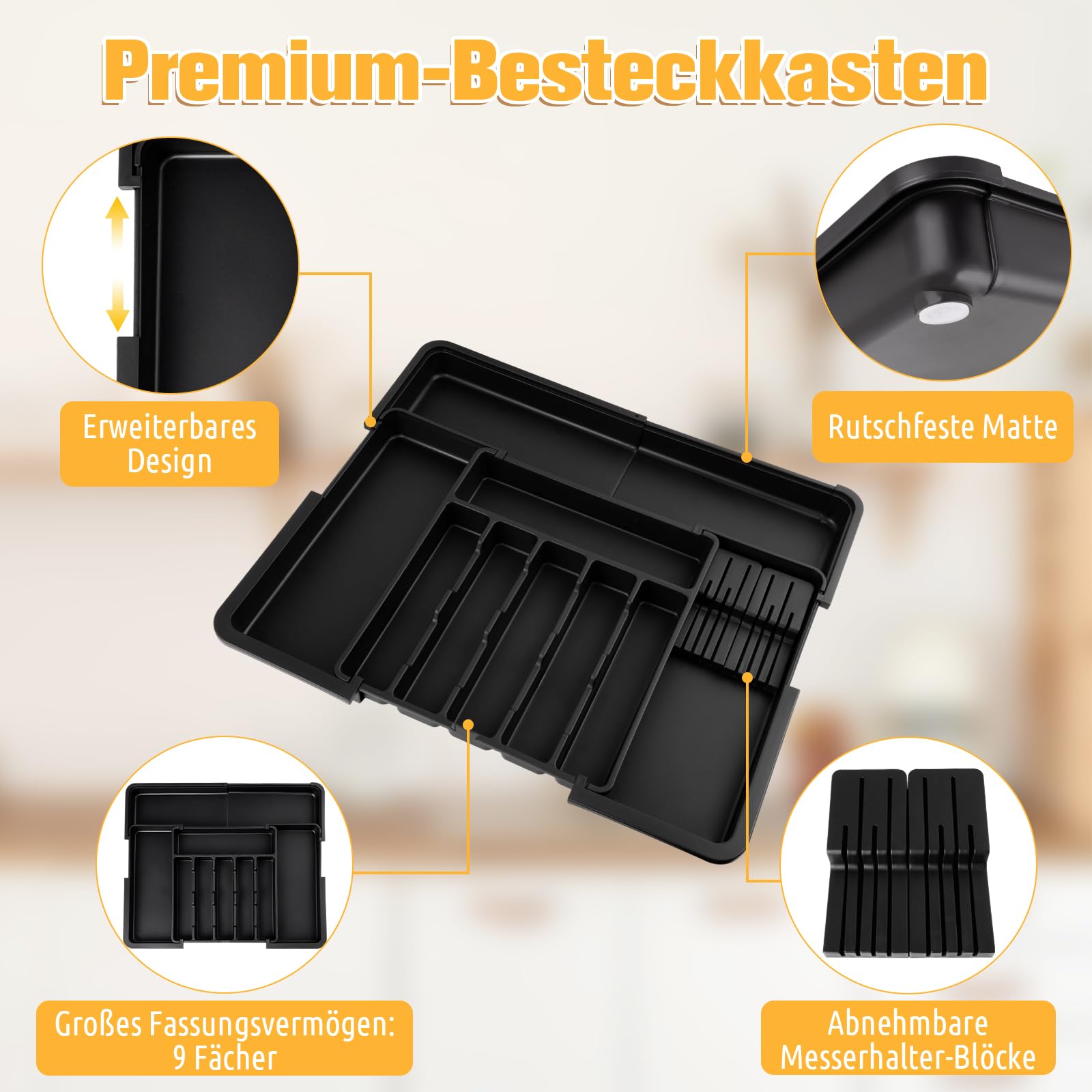 Besteckkasten für Schubladen 47 tief - Erweiterbarer Besteckschublade Einsatz mit 2 Abnehmbaren Messerblöcken, Organizer Küche Besteck in groß ausziehbar bis 56x48 cm, Küchenzubehör