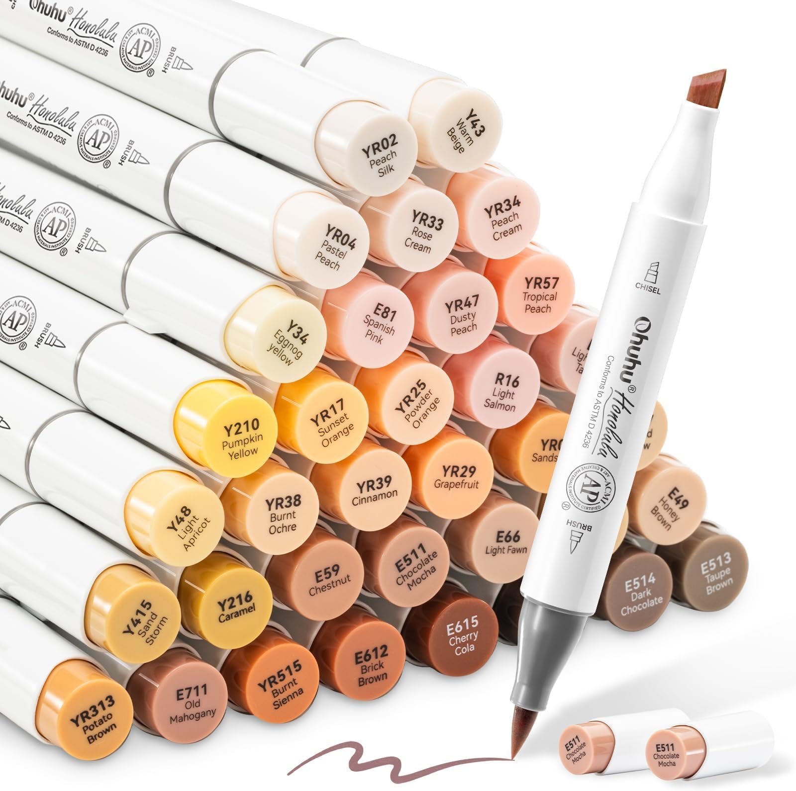 Skin Tone Alcohol Markers Brush Tip - 24 Portrait Color Markers for Artist Adults Coloring Illustration - Chisel & Brush - Honolulu - Refillable