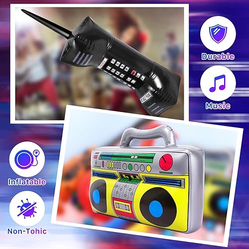 Miniatura 4 de JEFHOMKIT 7 piezas inflables de Rock Star para fiesta, guitarra inflable para teléfono móvil, micrófonos Boombox, instrumentos inflables para