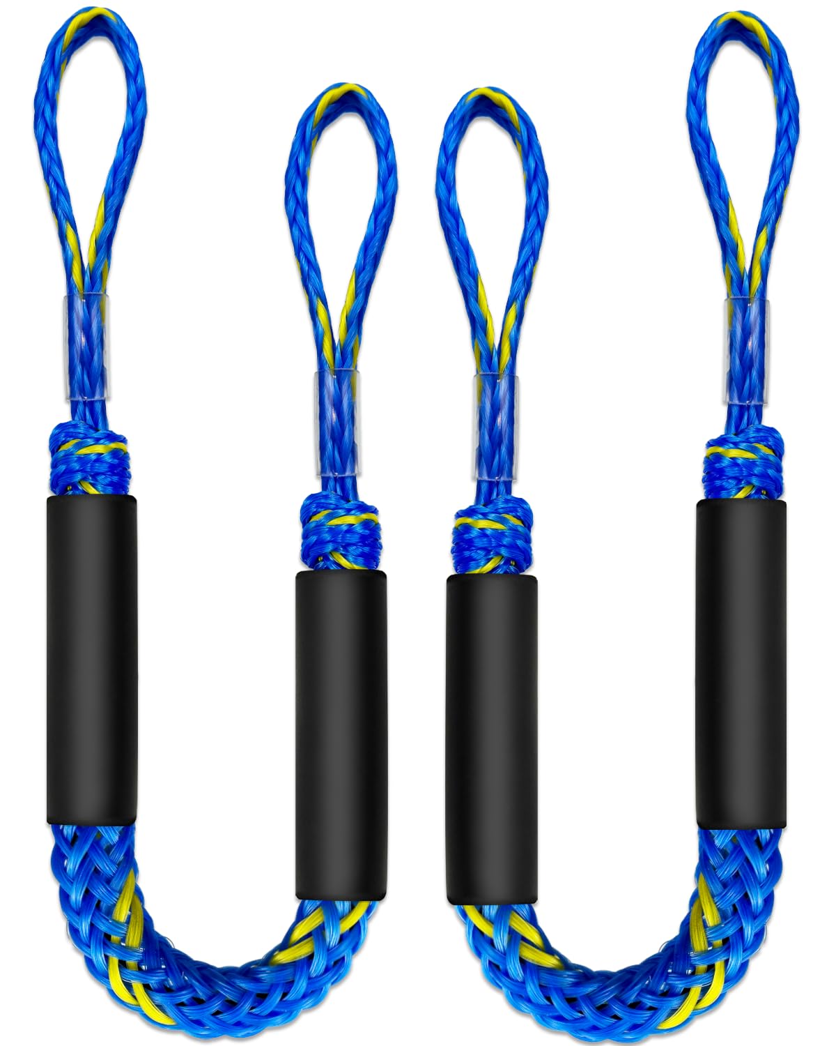 2 x Dockleine, 60 cm, Premium-Bungee-Bootsleinen mit 316er-Edelstahl-Clip (blau + gelb, 7,6 m)