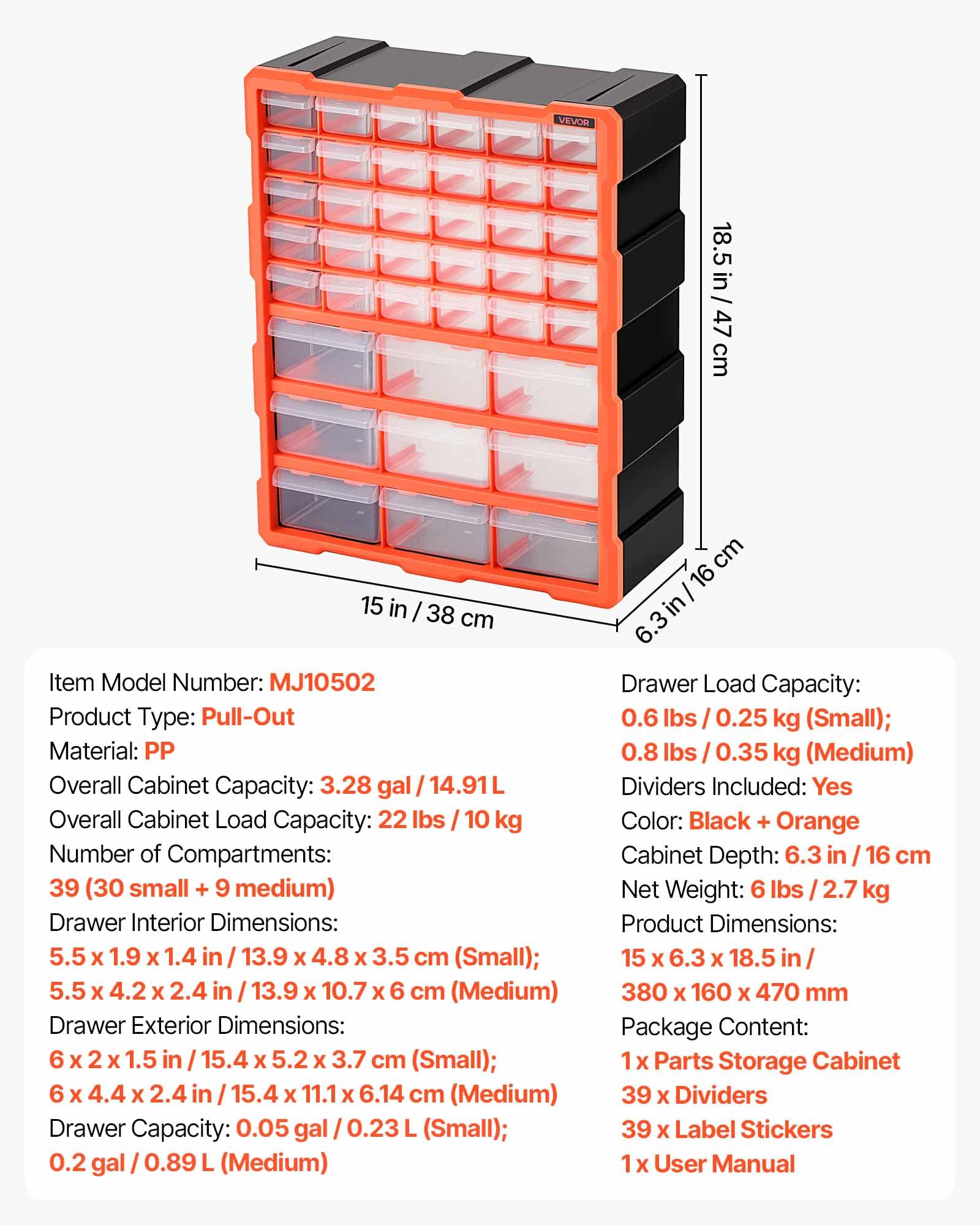 VEVOR Organizer per Minuteria a 39 Cassetti, Cassettiera Porta Minuteria Impilabile, Contenitore da Parete per Viti, Bulloni, Ferramenta e Componenti, in Plastica, Ideale per Garage, Casa e Officina