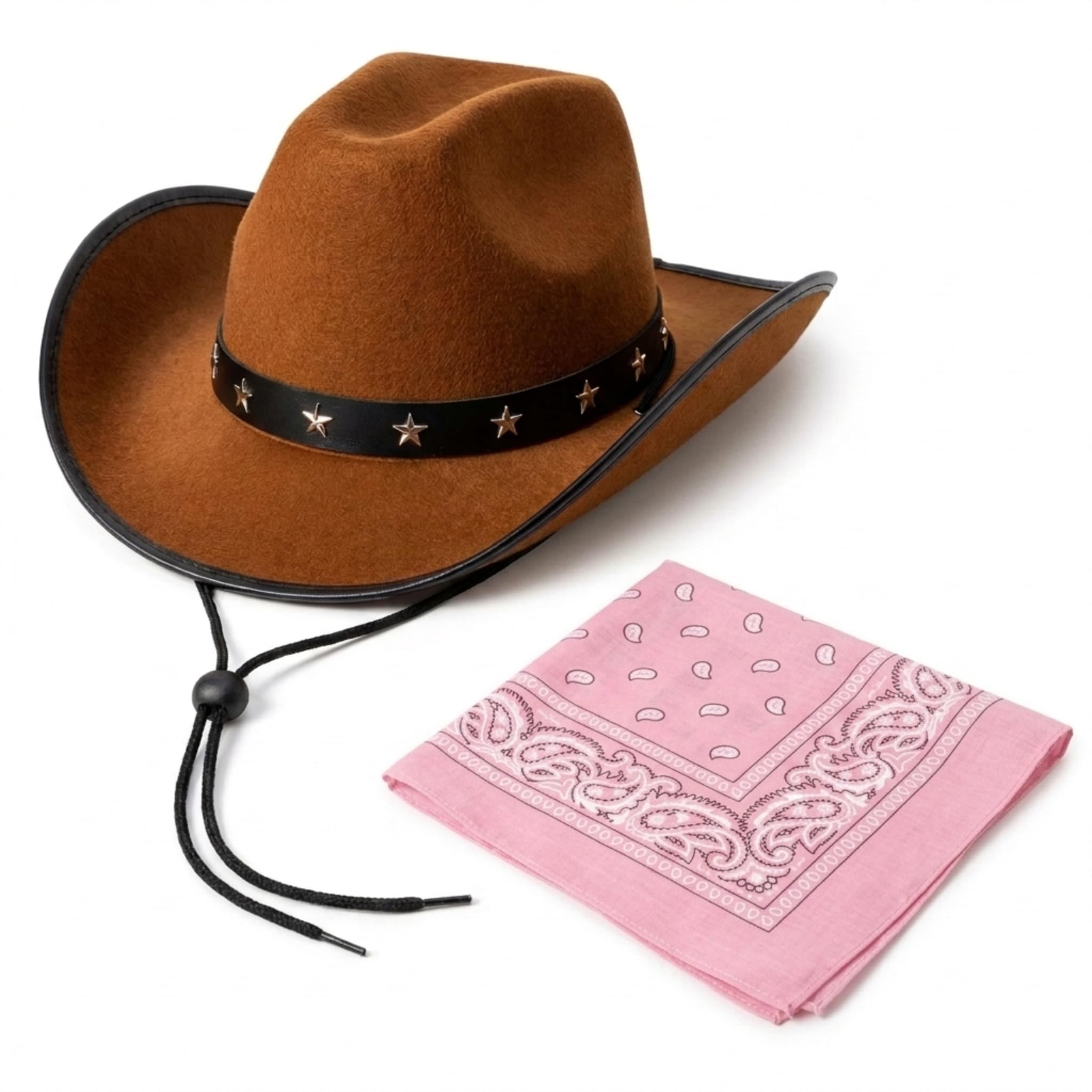 Star Studded Brown Cowboy Hat and Bandana Set - Adult Cow Boy Hat with Cowboy Neckerchief for Cow Boy Outfit Men and Women Wild West Fancy Dress Costume or Country and Western Fancy Dress (Pink)