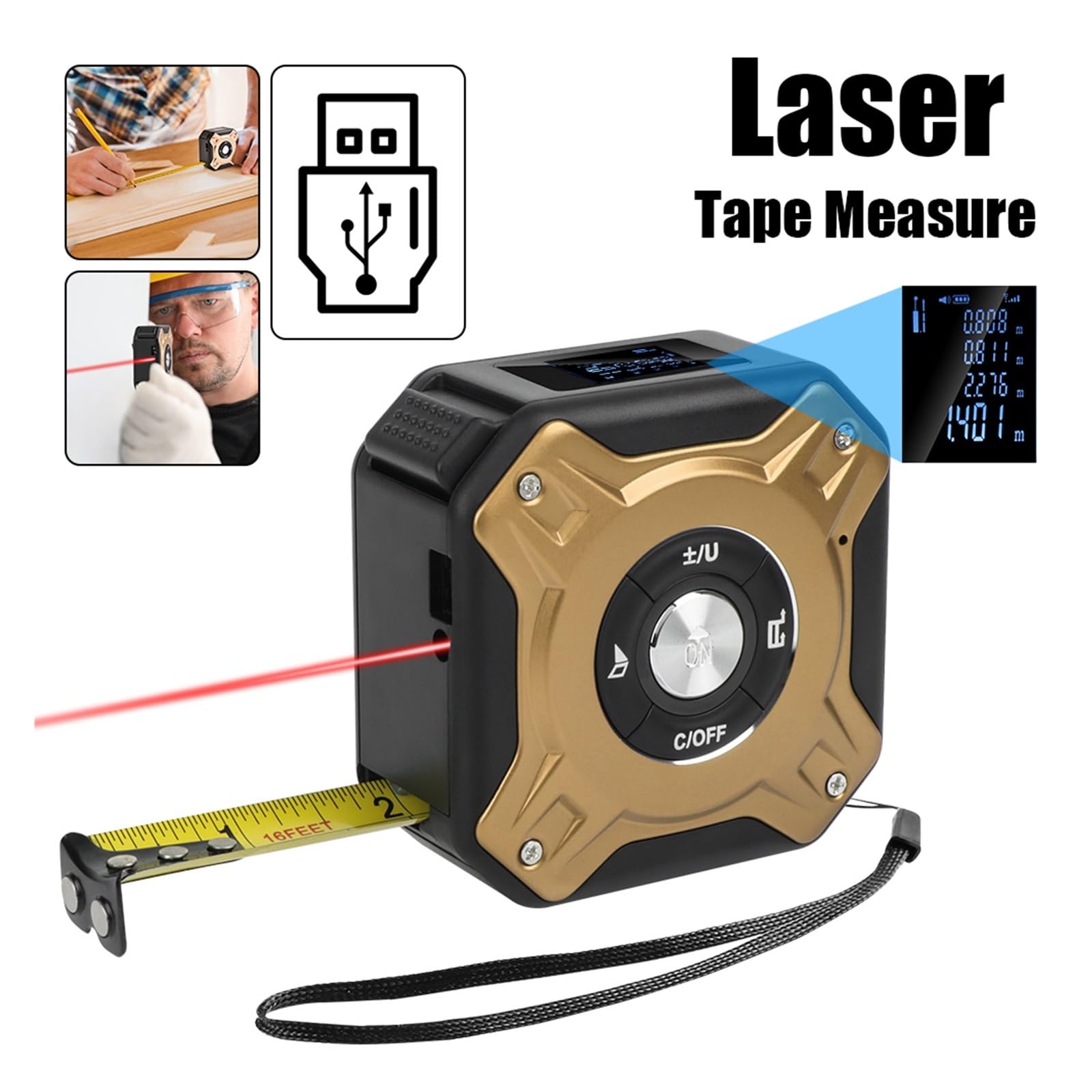 Carga USB 5M Cinta métrica 40M telémetro láser medidor de Distancia Herramientas de construcción 2 en 1 Dispositivo de medición de Pantalla LCD retroiluminada Alta precisión