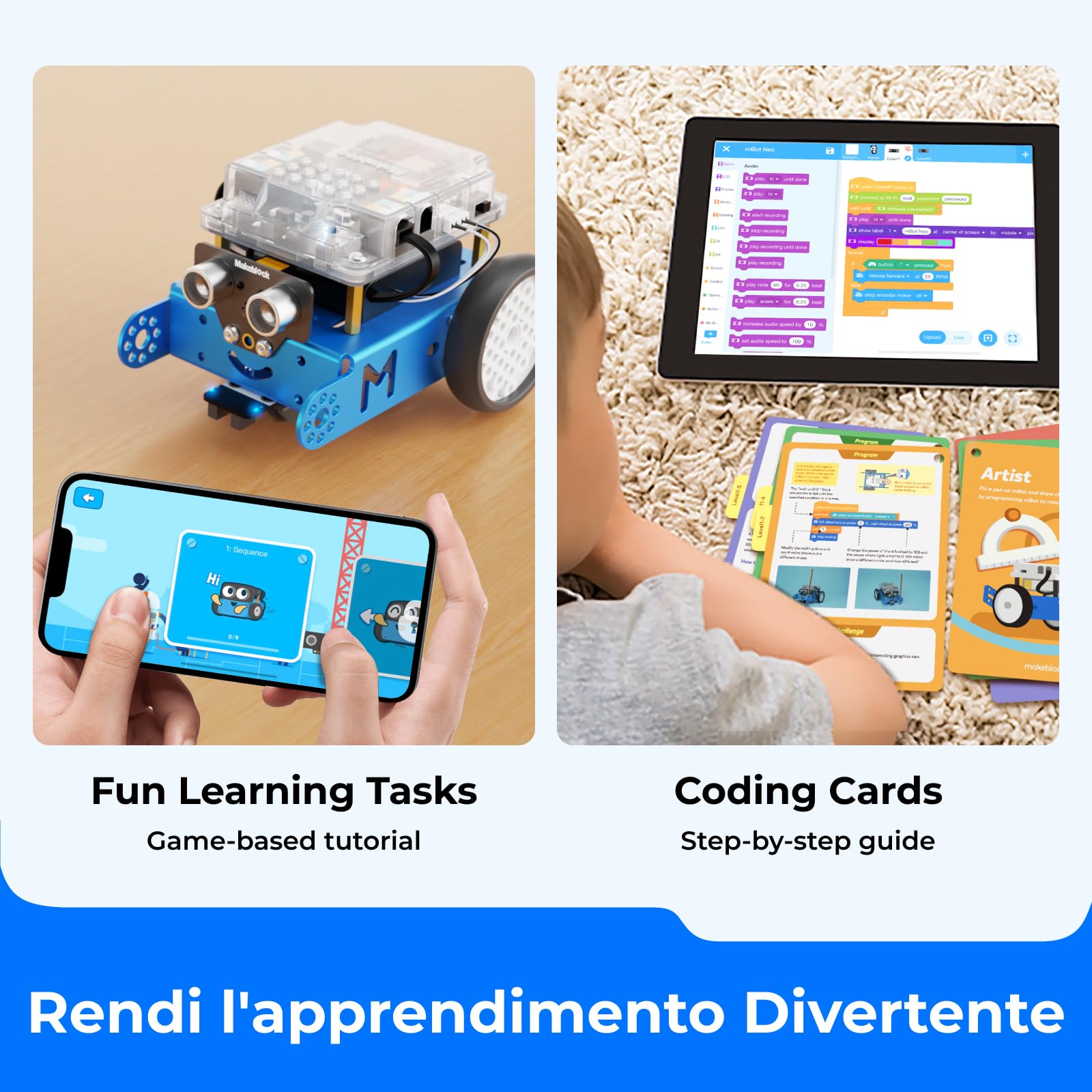 Makeblock mBot Robot Programmabile, STEM Giocattolo Compatibile con Programmazione Scratch / Arduino, Regali per Bambini Fonction Rileva Ostacoli, Segui linea, Robot di Codifica Robotico Kit - Blu