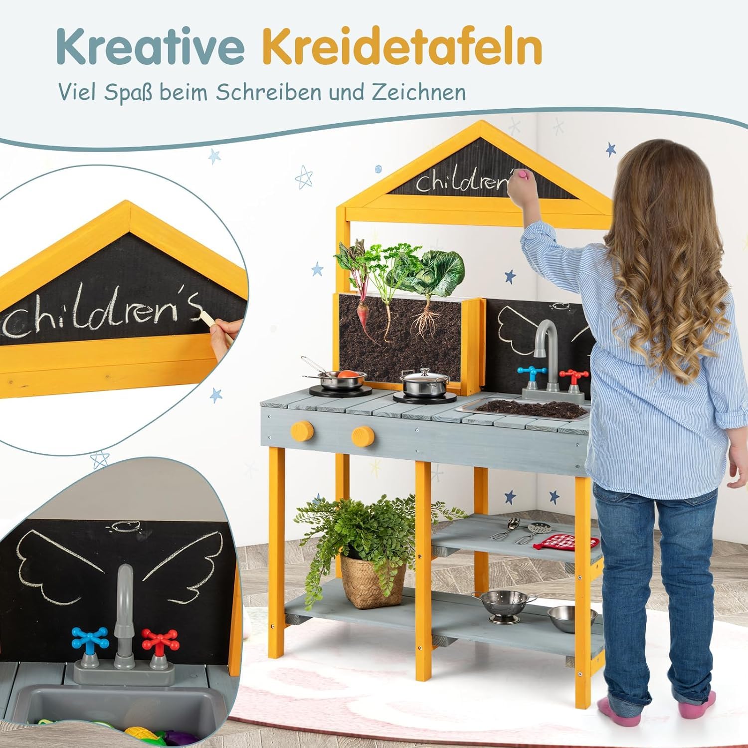 FANTASK Matschküche Kinder Outdoor, Kinderküche Tannenholz mit Pflanzbehälter & 2 Kreidetafeln & Wasserhahn & Waschbecken (Blau)
