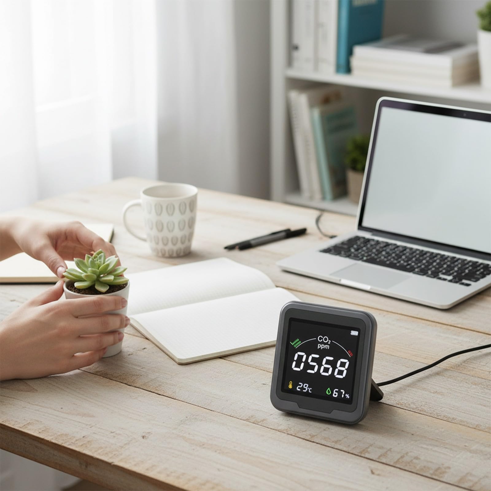 Humedad exclusiva Wifi 3 en 1: detector de dióxido de carbono para interiores con alarma ± 50 ppm de precisión alimentado por USB C maniobrable oficina hogar aula (blanco)